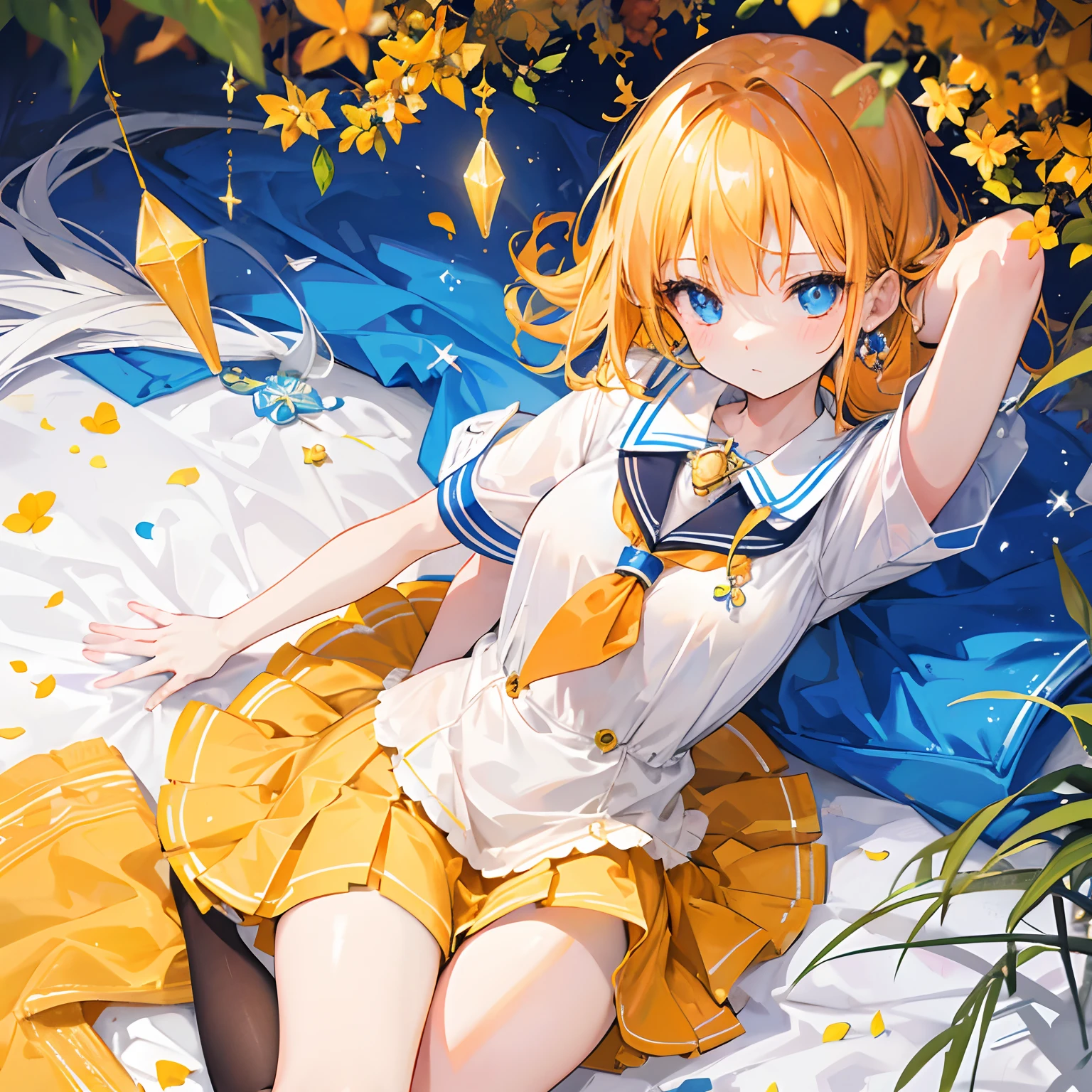 A light orange-yellow color with glowing hair and pupils,Blue and white school uniforms,With a silver crystal pendant,Sweet girl,The whole is shining