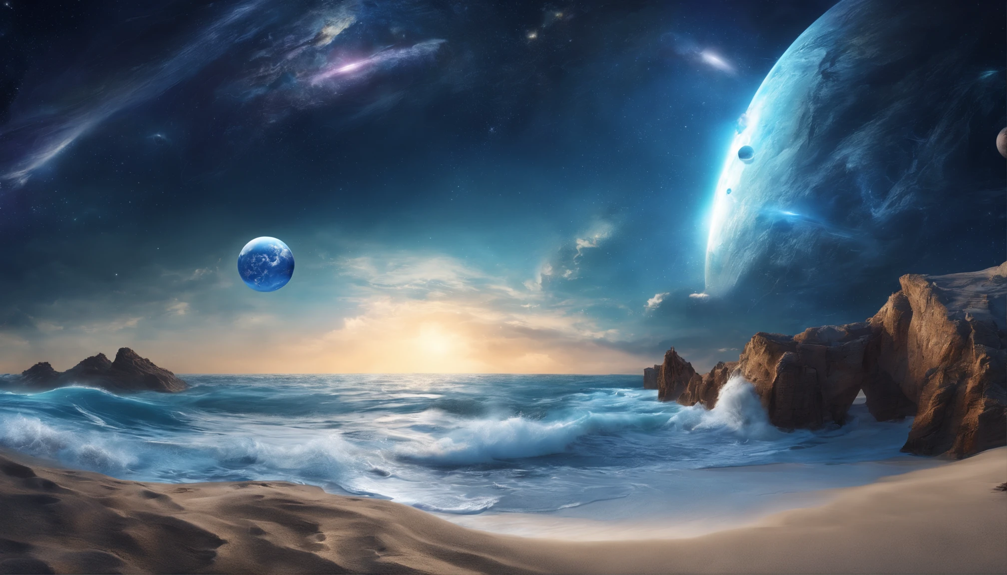 huge planet, the night, starrysky, surrealism, masutepiece, hight resolution、Impressive Milky Way:1.9、sand beach、Vast blue ocean、Blue Waves、Blue glacier、lightning bolt:1.9、Protoplanets、pure beauty