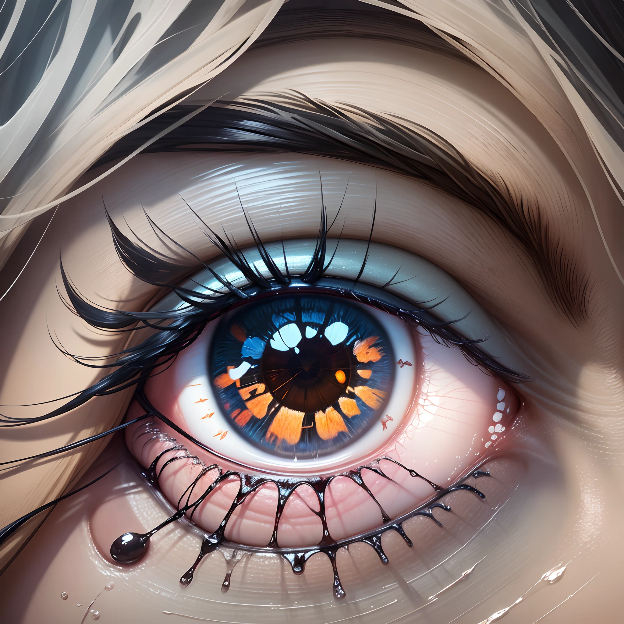 digital artwork in the style of impressionism, capturing the delicate quality of a single teary eye. Emphasize the interplay of light and shadow on the glistening tear, evoking a sense of both vulnerability and resilience in the subject --auto --s2