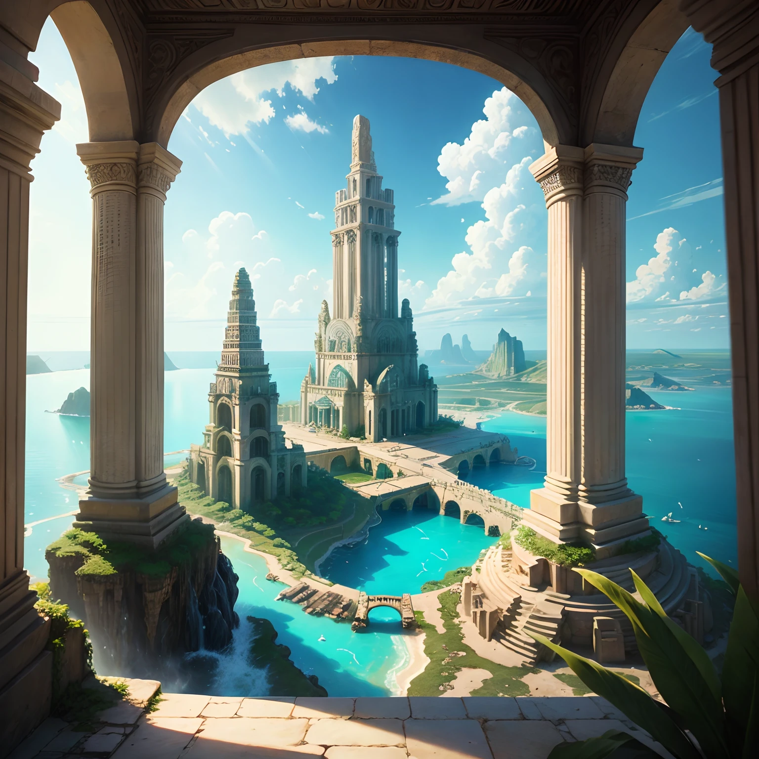 A beautiful hyperrealistic painting of the lost city of Atlantis, with its towering temples and crystal-clear waters. --auto