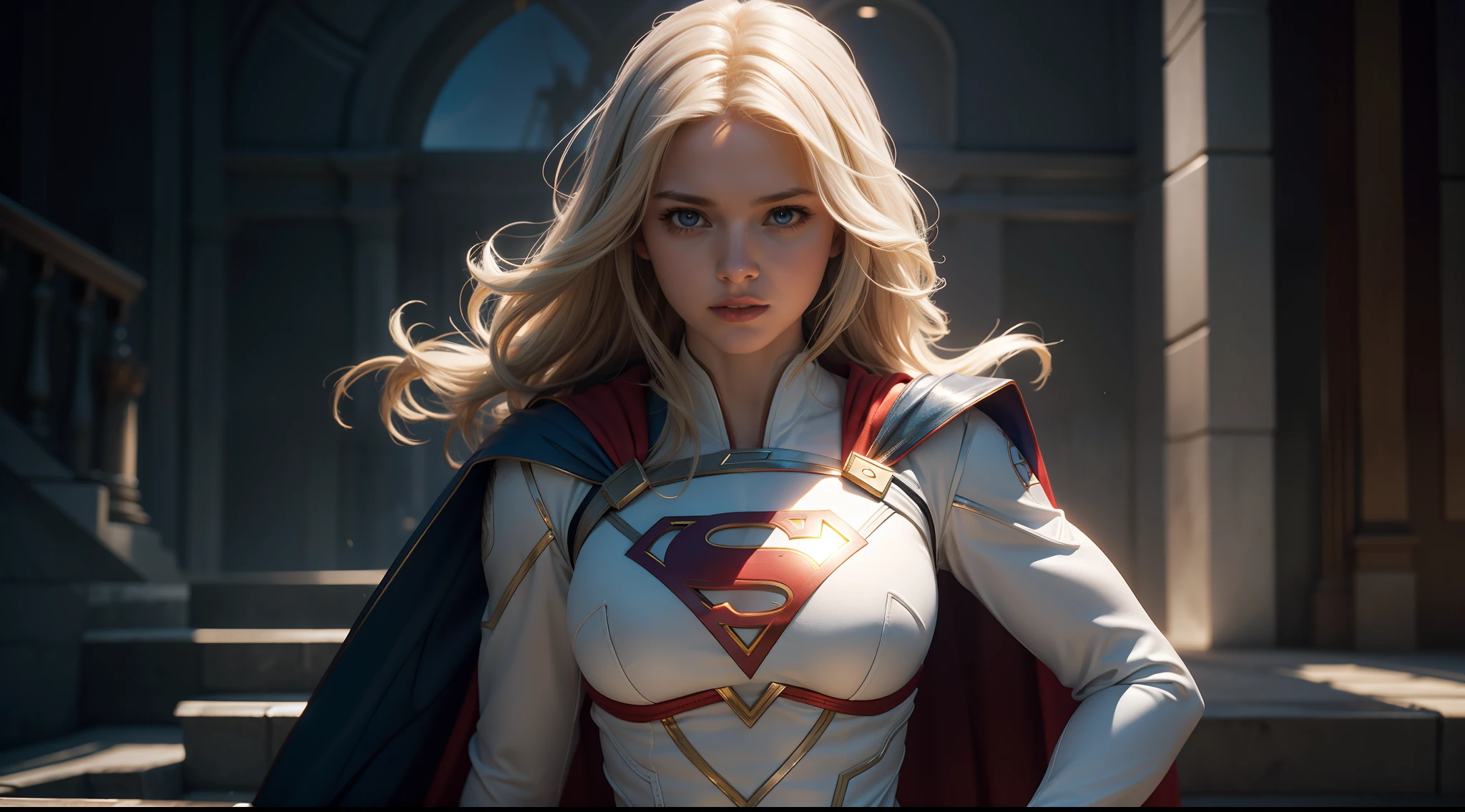 Supergirl in a white suit (tetas grandes) от DC Comics, CGI with clear focus, Photorealistic, high detail, Realistic, Masterpiece, absurdress, Best Quality, HDR, hiquality, hight resolution, Extremely detailed, 8k wallpaper, intricate details, 8K UHD, Full-HD, (foto realista:1.2), Contrast, sharp lighting, Cinematic lighting, natural lighting, hard light, Backlighting, Global Illumination, Environment Occlusion