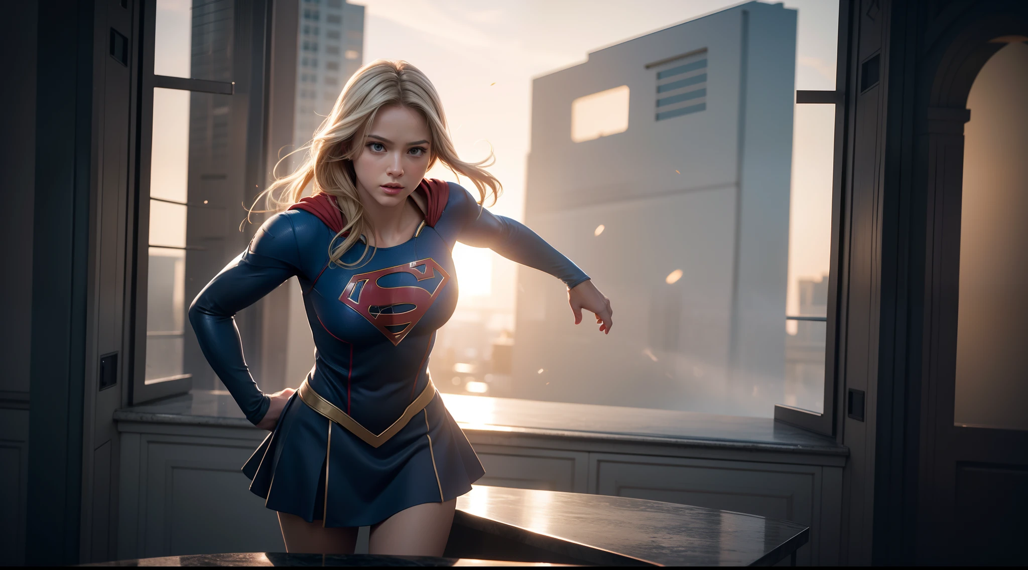 Kiernan Shipka porcelain skin com cabelo loiro ondulado, olhos azuis delicados e encantadores, red-lips, entalhe da coxa, pernas nuas, pernas bonitas, pernas longas sexy, camiseta em (saia curta denim), com letra S do superman, cyberpunk futurista bonito + cidade, mistborn, humid, chuva, obra-prima de melhor qualidade, realista, detalhado, 8k, HDR, profundidade de campo rasa, luz ampla, alto contraste, luz de fundo, flash, cena diurna, luz do dia, foco nítido, foto de cor RAW, Kiernan Shipka, Superman S symbol on chest.