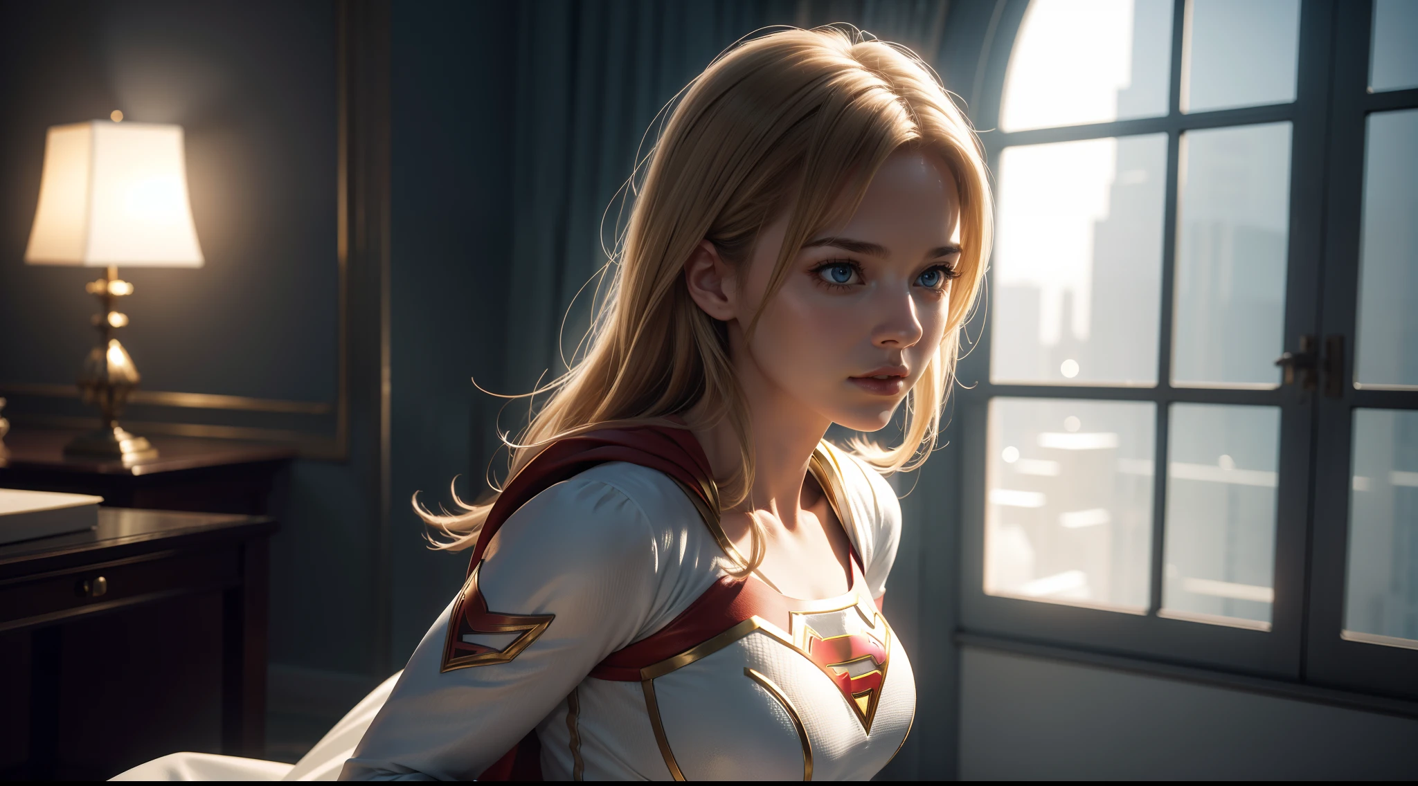 natalie portman, 1girl,supergirl, rain, masterpiece, trending on art station,  unreal engine, trending on deviantart, nsfw, by Greg Rutkowski