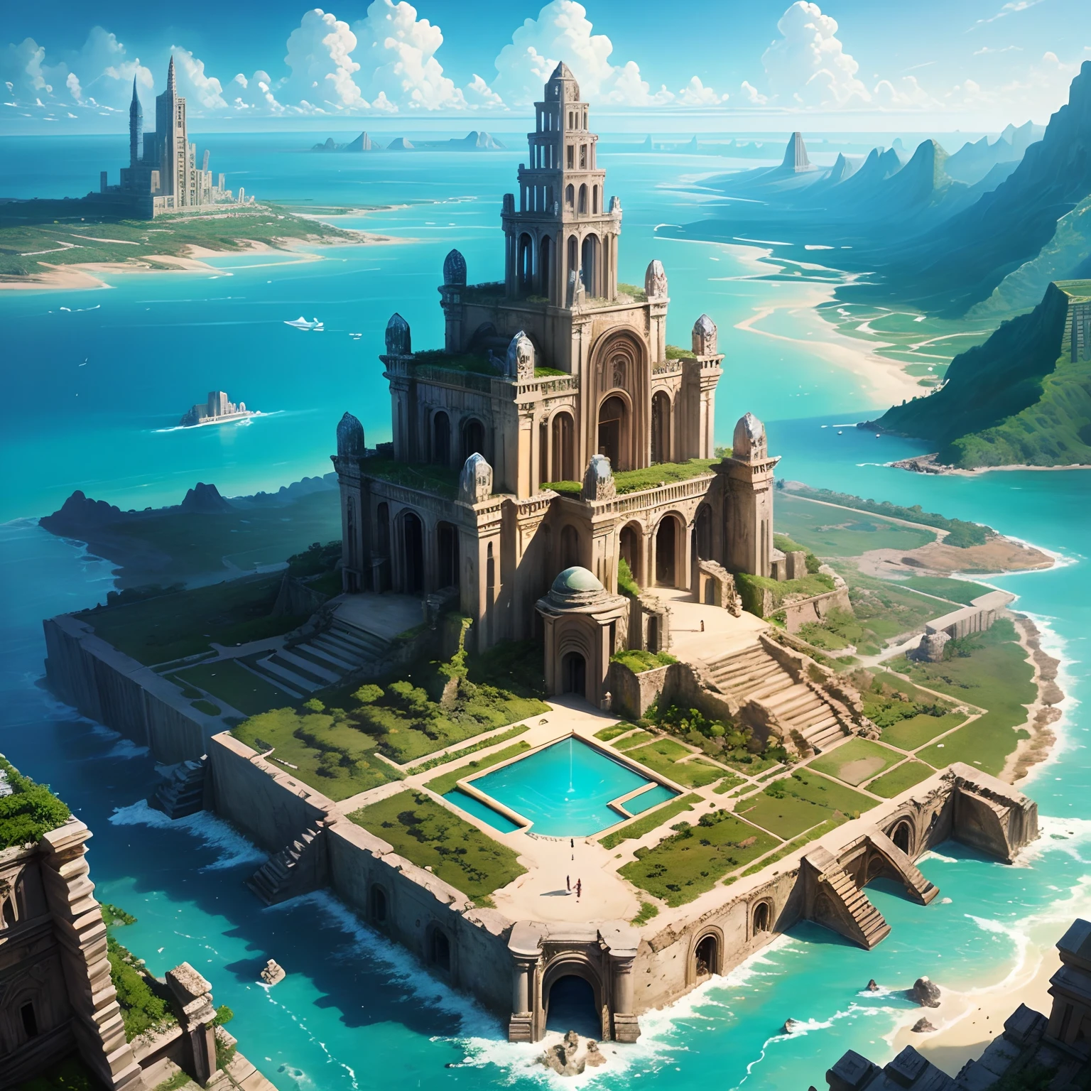 A beautiful hyperrealistic painting of the lost city of Atlantis, with its towering temples and crystal-clear waters. --auto