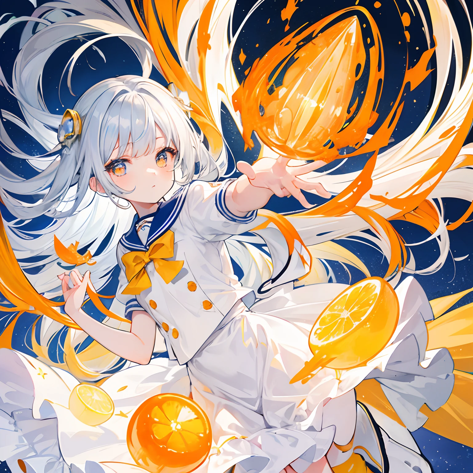 A light orange-yellow color with glowing hair and pupils，Blue and white school uniforms，With a silver crystal pendant，Sweet loli girl，The whole is shining