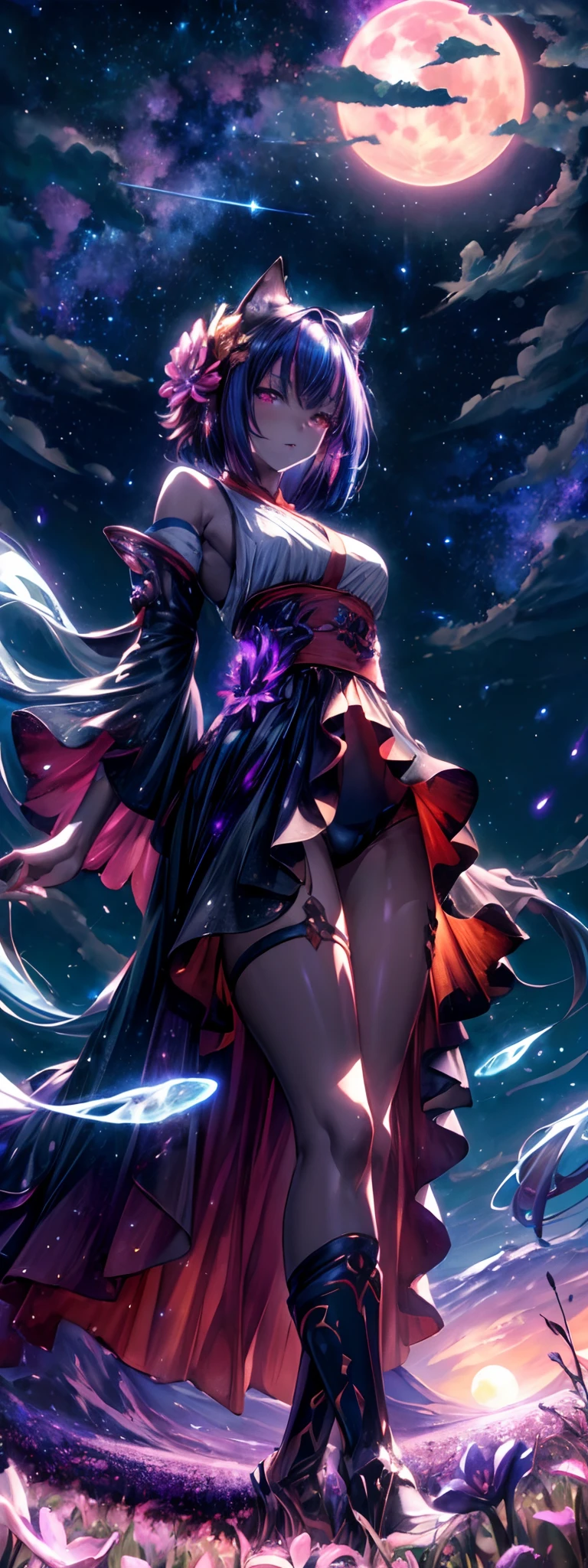 Vast landscape photos , (a view from below that shows sky above and open field below), Cat standing in a flower field in the foreground and looking up at the sky, (fullmoon:1.2), ( shooting stars:0.9), (nebulas:1.3), distant mountain, Tree Break Production Art, (Warm light source:1.2), (firefly:1.2), apples, lot of purple and orange, Intricate details, Volumetric Lighting BREAK (masutepiece:1.2), (Best Quality), 4K, Ultra-detailed, (dynamic compositions:1.4), Highly detailed, Colorful Detail,( Iridescent colors:1.2), (Glowing lighting, Atmospheric lighting), Dreamy, Magical, (Solo:1.2