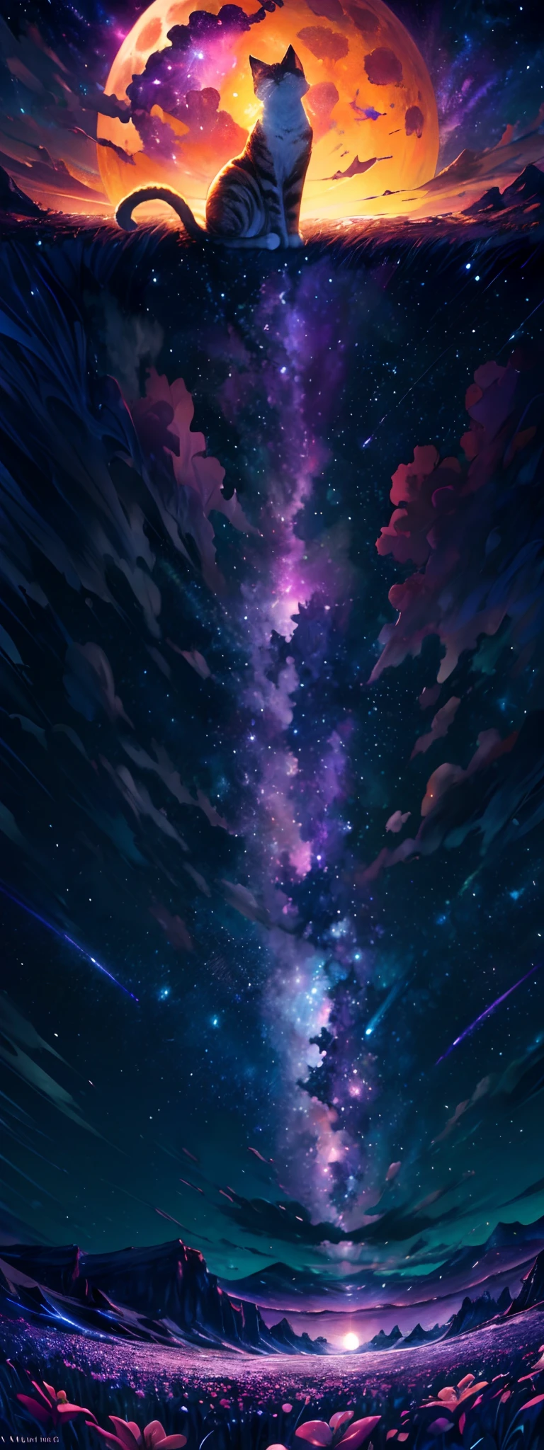 Vast landscape photos , (a view from below that shows sky above and open field below), Cat standing in a flower field in the foreground and looking up at the sky, (fullmoon:1.2), ( shooting stars:0.9), (nebulas:1.3), distant mountain, Tree Break Production Art, (Warm light source:1.2), (firefly:1.2), apples, lot of purple and orange, Intricate details, Volumetric Lighting BREAK (masutepiece:1.2), (Best Quality), 4K, Ultra-detailed, (dynamic compositions:1.4), Highly detailed, Colorful Detail,( Iridescent colors:1.2), (Glowing lighting, Atmospheric lighting), Dreamy, Magical, (Solo:1.2