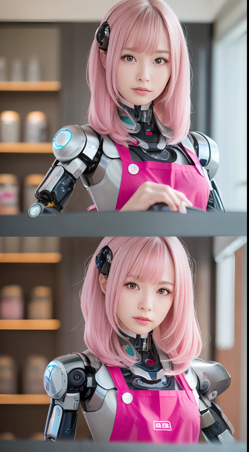 (Photorealsitic:1.4)、One lady、(top-quality)、(hyperdetailed face)、(Super well-formed face)、((Robot Parts))、(female robot)、(26 year old)、(Silver)、(pink there)、(metalic)、(full bodyesbian)、(Sexy Pose)、(Slender body)、(Model body type)、(full body mech)、(akihabara)、(is looking at the camera)、(A dark-haired)、(Proportioned woman)、(a small face)、(well-groomed fingers)、(Idol)、(front facing)、(Standing with legs open)、(Hands on hips)、(Photo session)、(Looks sad)、(Wear a pink apron)、(The Perfect Female Robot)、(Perfect mechanical body)