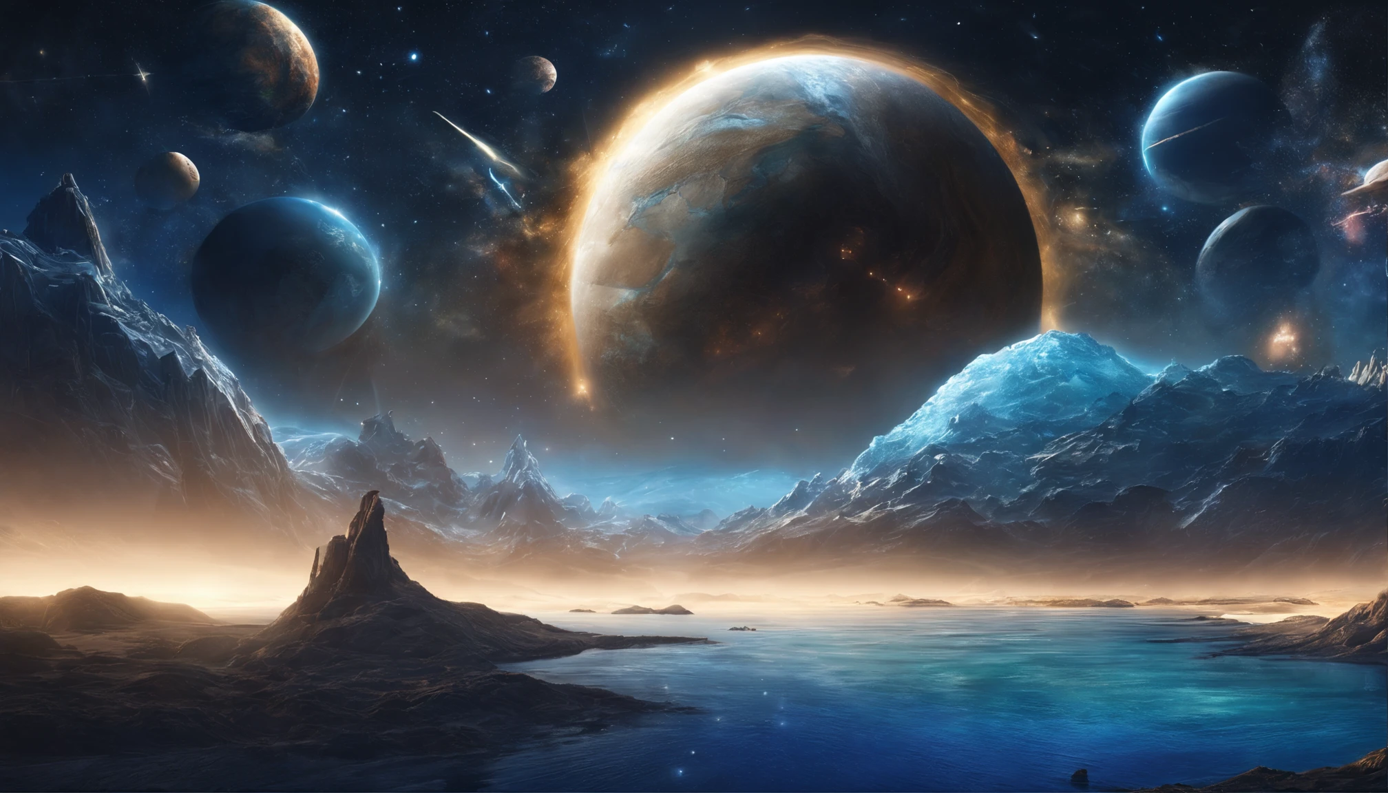 huge planet, the night, starrysky, surrealism, masutepiece, hight resolution、Impressive Milky Way:1.9、sand beach、Vast blue ocean、Blue Waves、Blue glacier、lightning bolt:1.9、Protoplanets、pure beauty