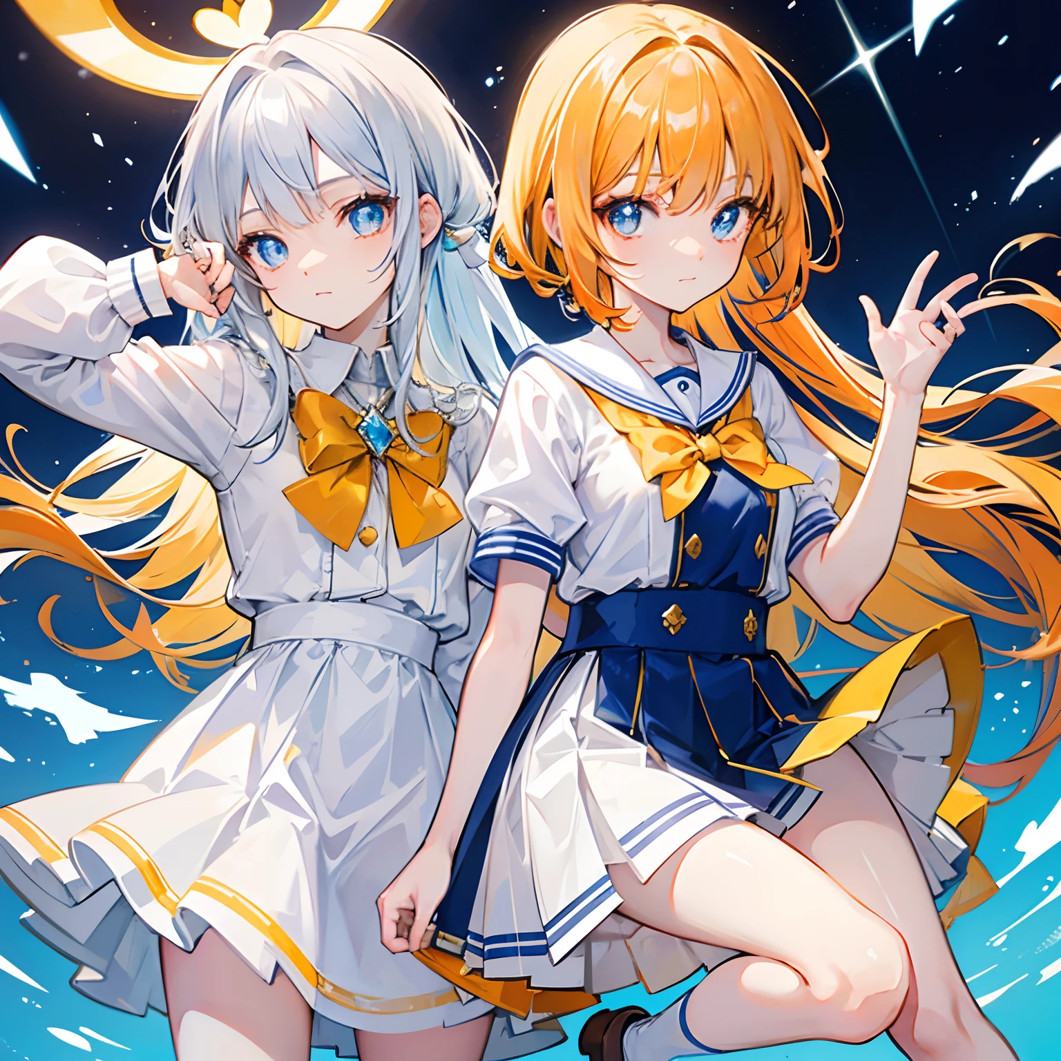 A light orange-yellow color with glowing hair and pupils，Blue and white school uniforms，With a silver crystal pendant，Sweet  girl，The whole is shining