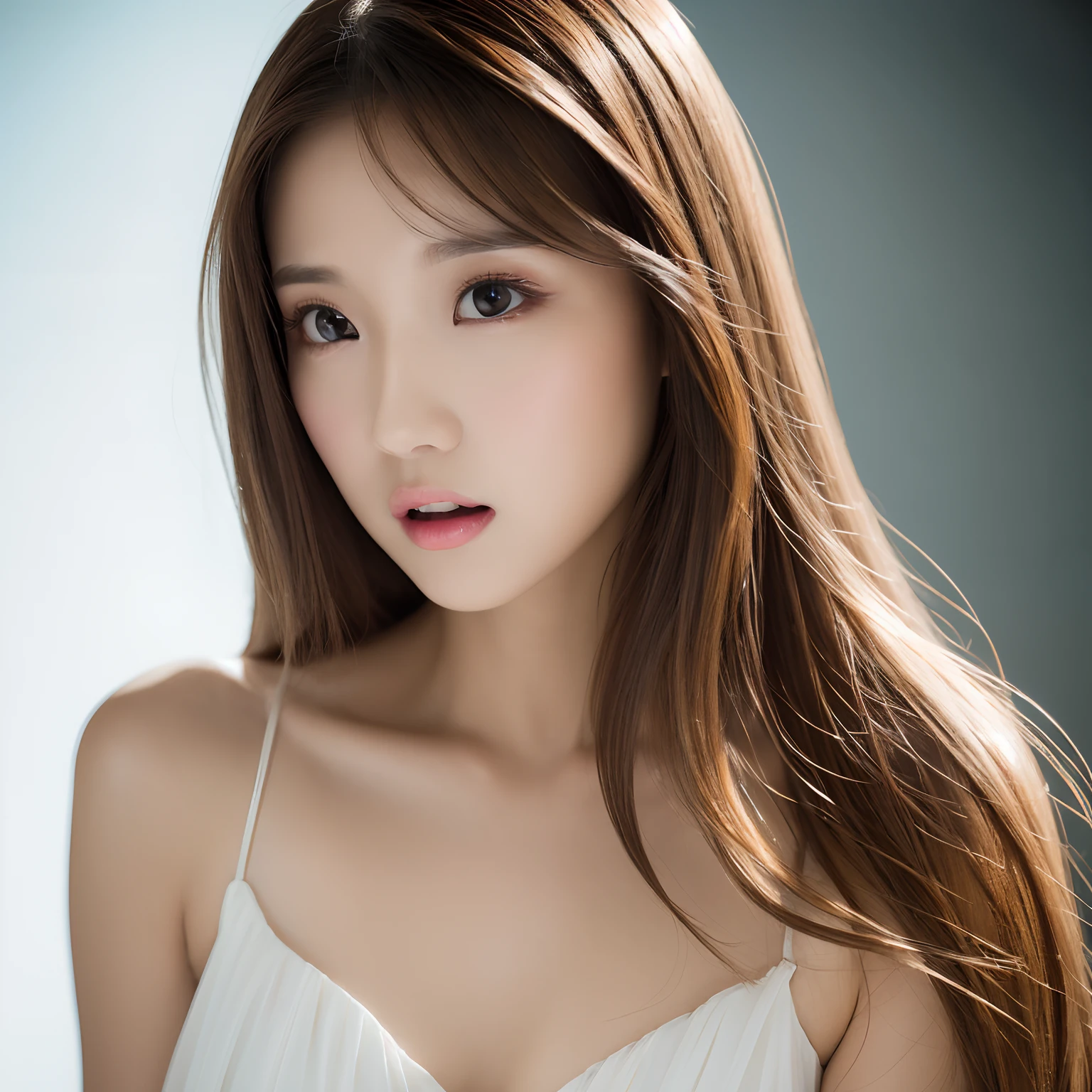 solo, finest image, sexy beautiful woman, amorous expression, lewd expression, light brown glossy iridescent hair, great proportion, pure white long dress, professional lighting