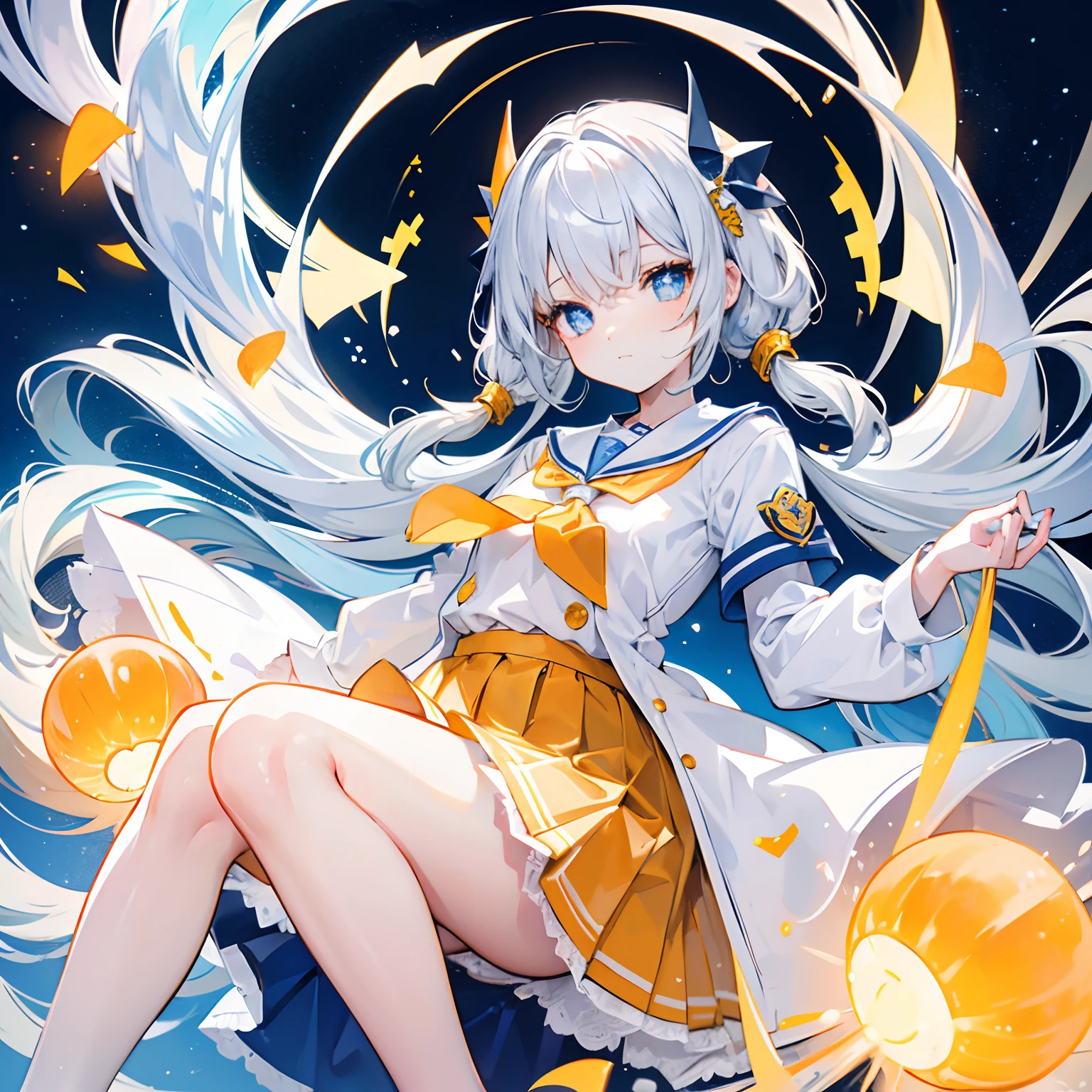 A light orange-yellow color with glowing hair and pupils,Blue and white school uniforms,With a silver crystal pendant,Sweet girl,The whole is shining