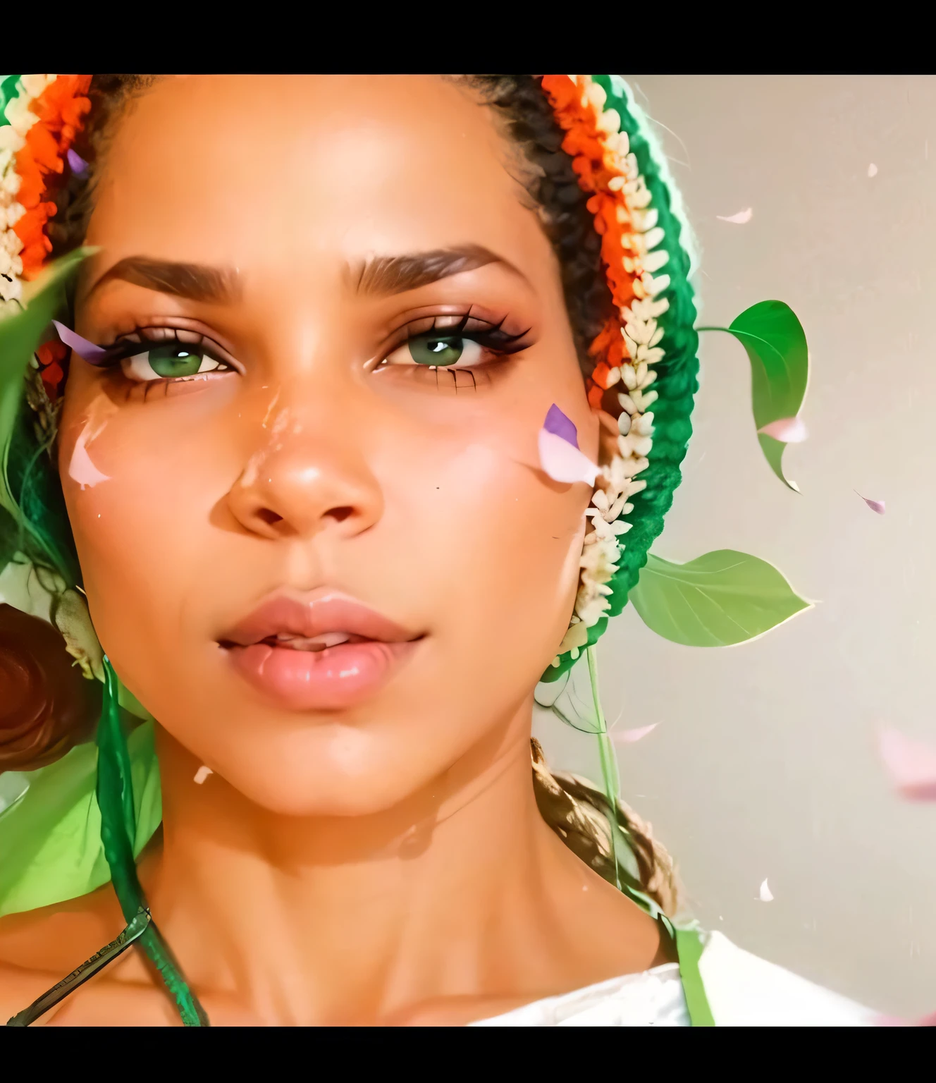 ((mulher negra)), 1.65. 75 quilos, OLHOs PRETOS, ((35 anos)), ((cabelos cacheados)), labios carnudos, ambiente urbano, ((VEsTIDO JEANs E BLUsA VERDE)). 8k, super realista, ((100% humano)).