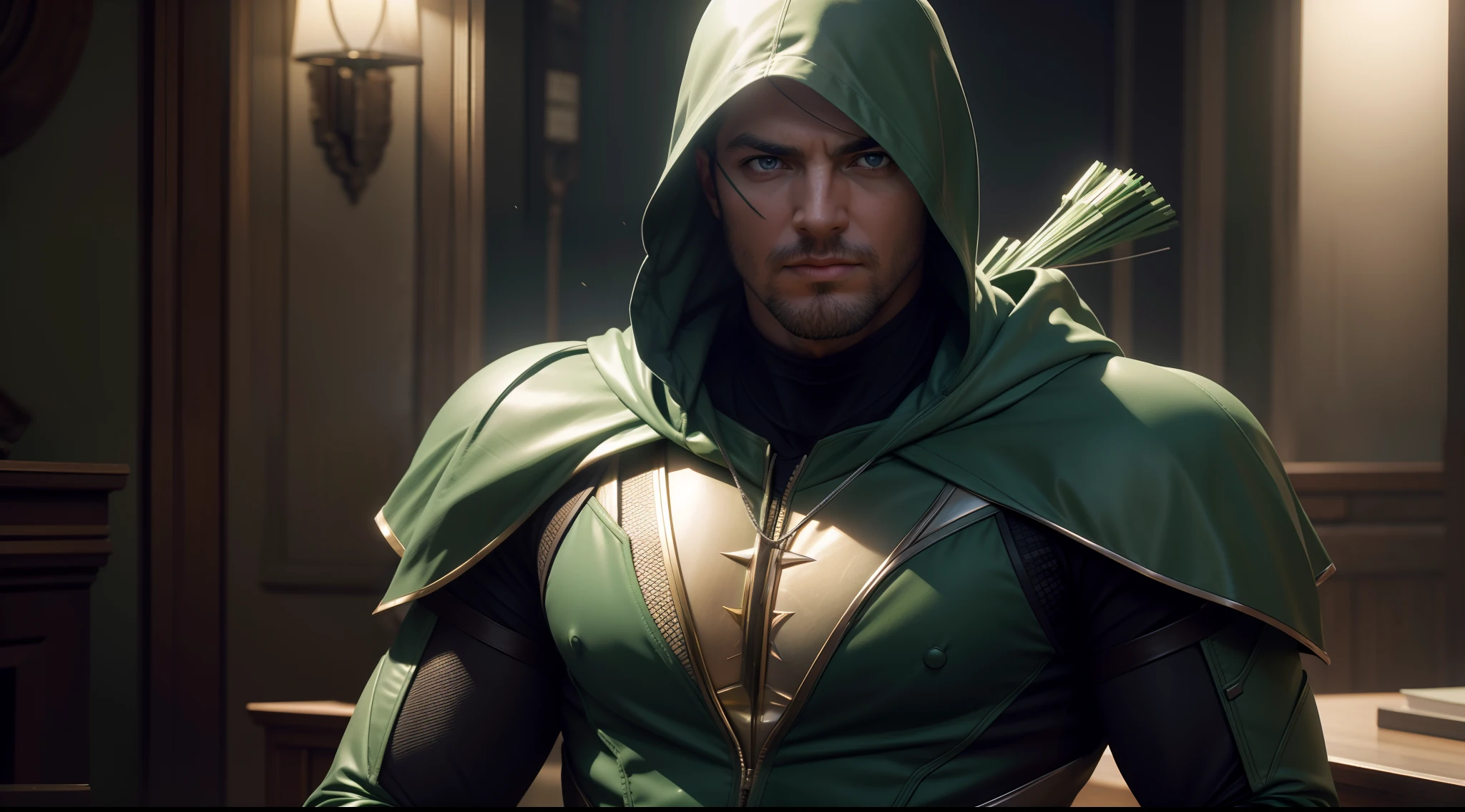 Green Arrow от DC Comics, CGI with clear focus, Photorealistic, high detail, Realistic, Masterpiece, absurdress, Best Quality, HDR, hiquality, hight resolution, Extremely detailed, 8k wallpaper, intricate details, 8K UHD, Full-HD, (foto realista:1.2), Contrast, sharp lighting, Cinematic lighting, natural lighting, hard light, Backlighting, Global Illumination, Environment Occlusion