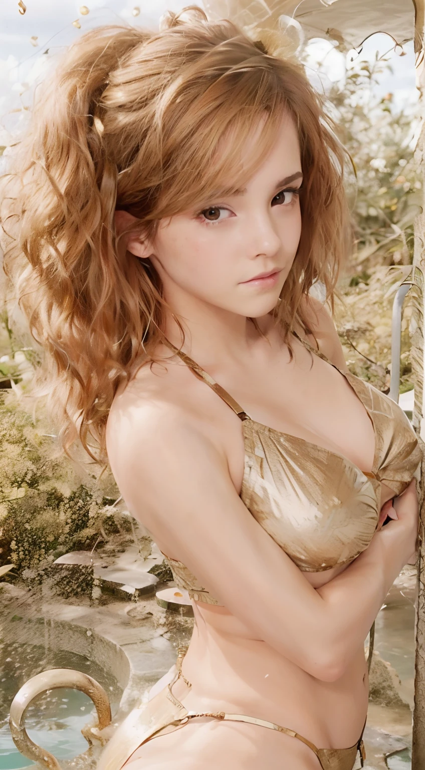 Arakhiro in a golden bikini in a pool, Gold bikini, Wearing a golden bikini, gold bikini, posterior view, alexa grace, soft curvy shape,huge tit,exposing her chest, waist - shot, Wet swimsuit, amouranth, 2 4 old female model, Perfect body, Sexy body, swimsuit, clear curvy details, bottom body close up, bikini model