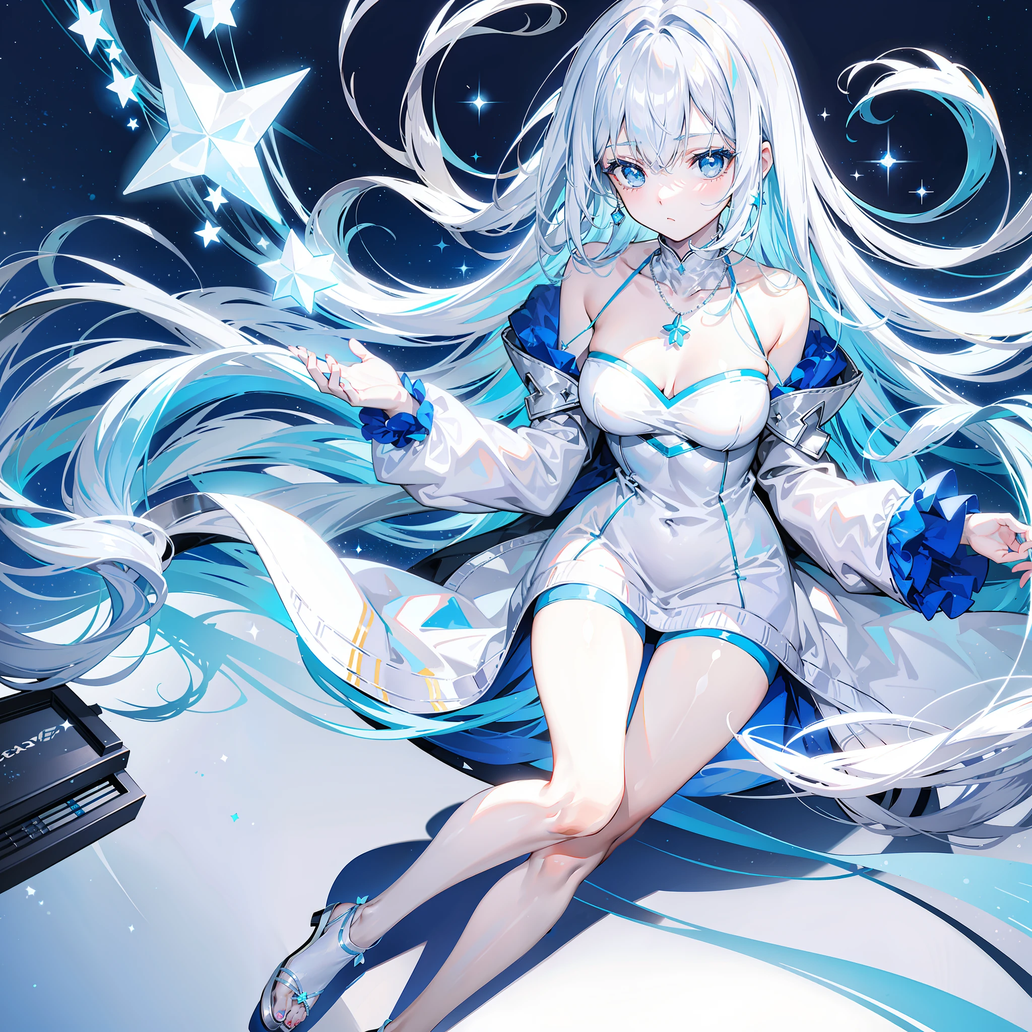 Long light blue and white hair,A silver necklace that shines like a star,Delicate makeup and glossy face,rcasual, Loose and simple cream sweatshirt,Slim and smooth legs,is a sweet girl
