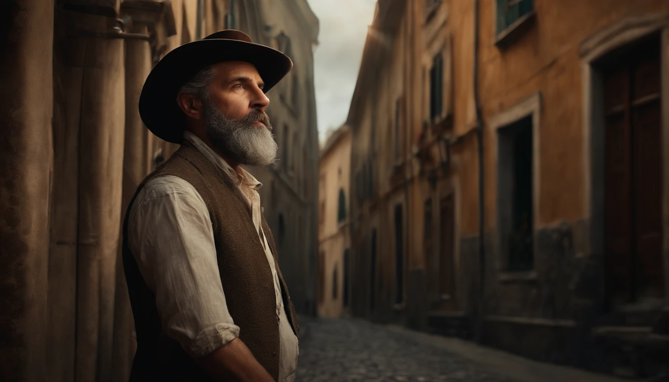 (best quality,4k,8k,highres,masterpiece:1.2),ultra-detailed,(realistic,photorealistic,photo-realistic:1.37),Nicodemo,portrait,oil painting,vivid colors,detailed brushstrokes,gloomy atmosphere,subtle lighting,wearing a hat,expressive eyes,bearded man,wise and confident face,aged appearance,pensive expression,background with old buildings and narrow streets,moody ambiance,deep shadows,soft sunlight shining through,nuanced color palette,realistic texture