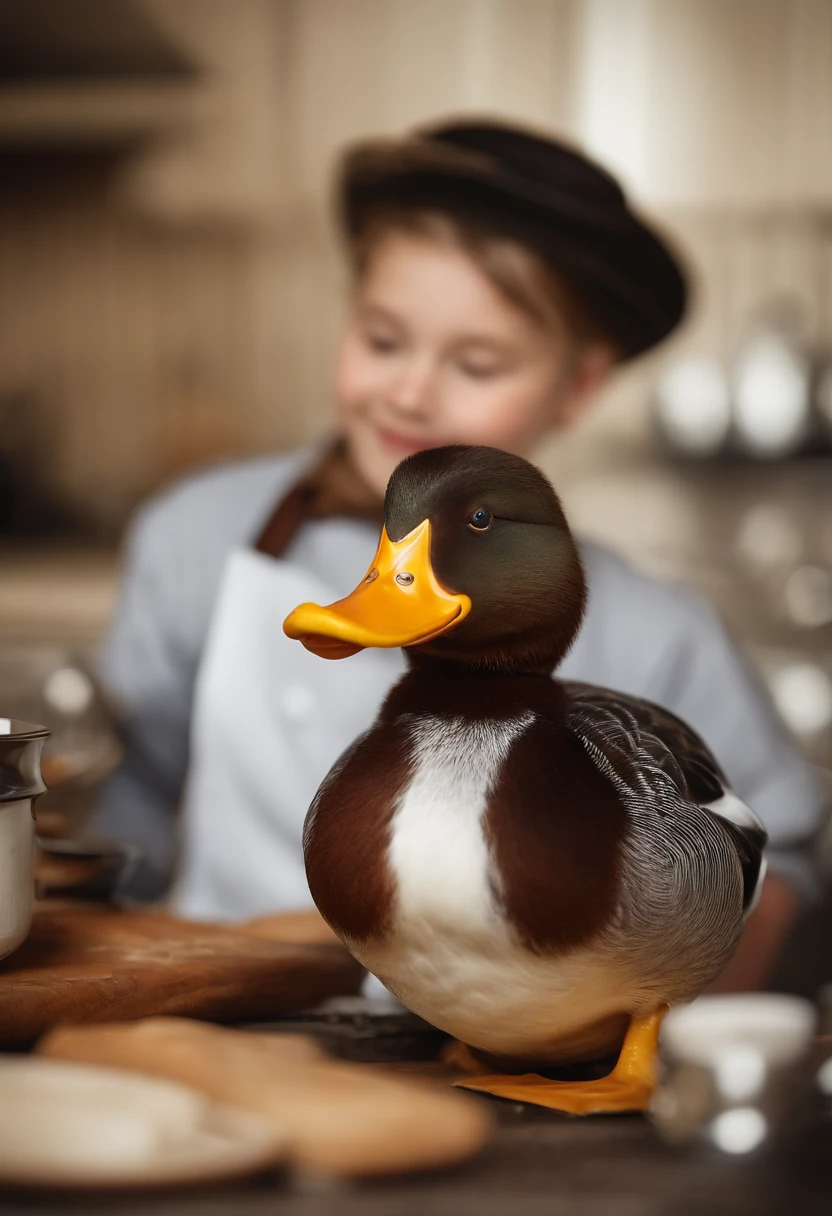 ((Masterpiece)), (Top quality), (Best quality), (Realphotos), (hyper-detailing), A duck that cooks，This duck is a great cook，Wearing a chef's hat，Take a spatula，Cooking in the kitchen