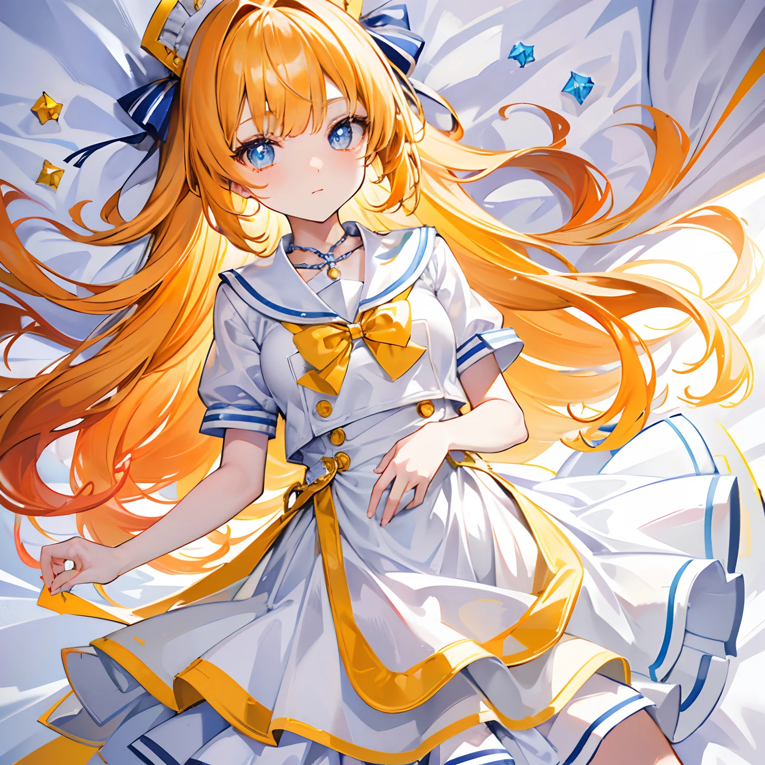 A light orange-yellow color with glowing hair and pupils,Blue and white school uniforms,With a silver crystal pendant,Sweet girl,The whole is shining