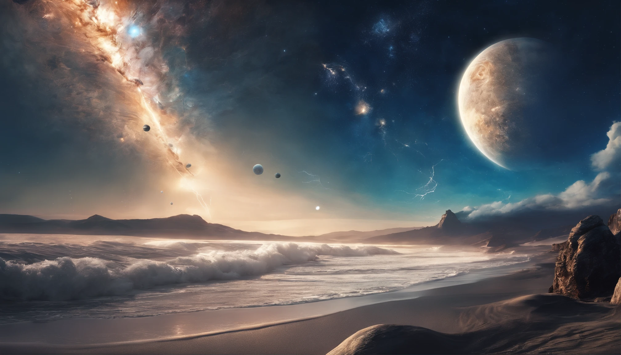 huge planet, the night, starrysky, surrealism, masutepiece, hight resolution、Impressive Milky Way:1.9、sand beach、Vast blue ocean、Blue Waves、Blue glacier、lightning bolt:1.9、Protoplanets、pure beauty
