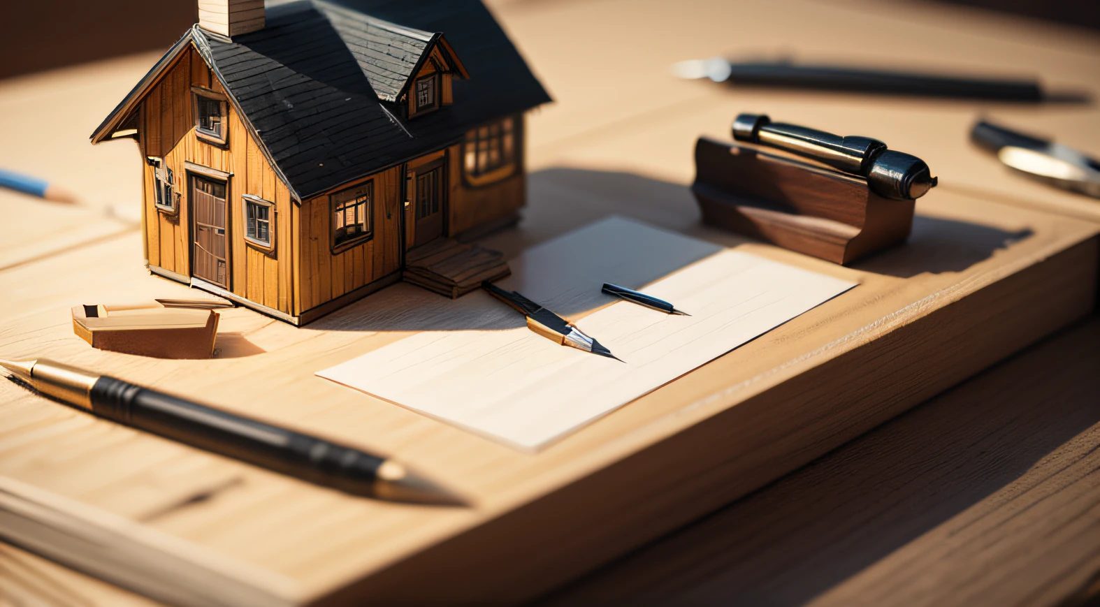 A table where an artist creates miniature houses, show stylus, scissors, pencils and glue.
