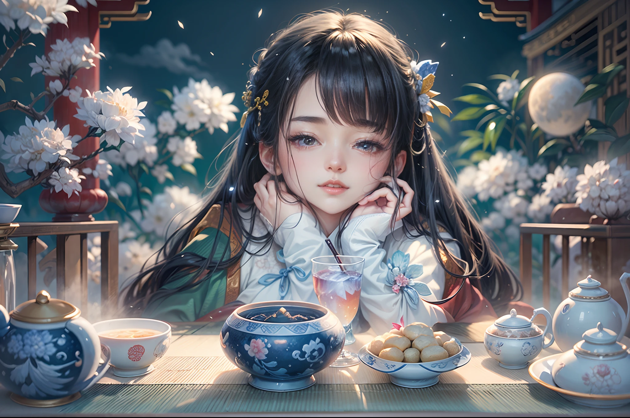 ((Ancient Chinese Scenery)),Mid-Autumn Festival,moon full,Glowing moon,A garden overgrown with osmanthus and bamboo forests,1 girl sitting on the ground,Happy blue and white porcelain cups,Look up at the moon,On a table in front of him were drinks and crystal mooncakes,Auspicious clouds,Clouds,White clouds,blue backdrop,palaces,Moon,(A complete painting),(Extremely detailed picture),(light and shadow effect),(Movie lighting),(cinema4d),(Light particle tracing),(rendering by octane),(Layered artistic effects),(Best Painting),(Master painting),(8K分辨率),(photorealestic,realisticlying,tmasterpiece,anatomy correct,Accurate and perfect japanese girl face,1.4x realism,hyper HD)