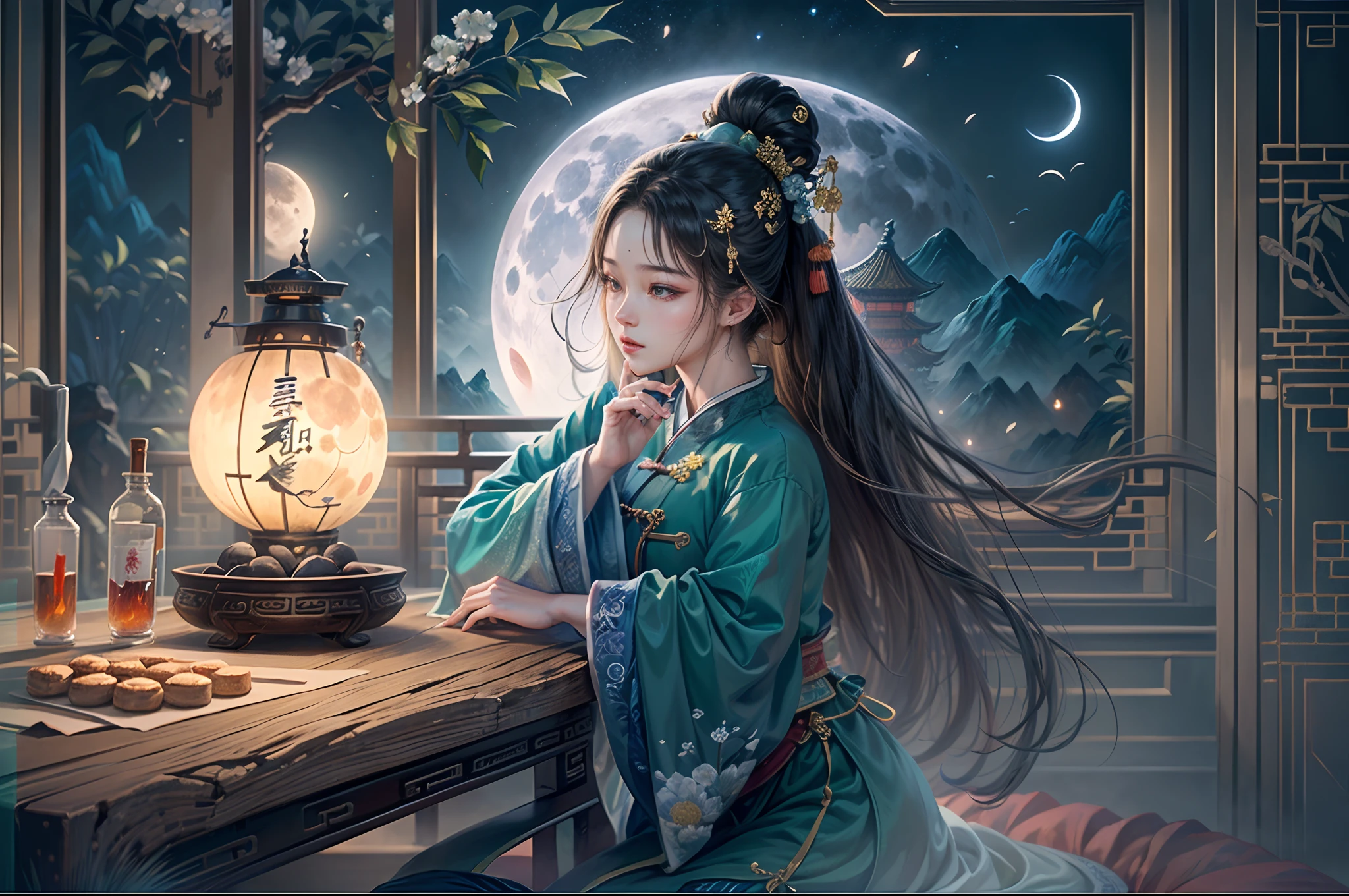((Ancient Chinese scenes，in a panoramic view，Faraway view))，Mid-Autumn Festival，moon full，Glowing moon，A garden overgrown with osmanthus and bamboo forests，1 Girl kneeling on the ground，Holding a shot glass in his hand，Look up at the moon，There was wine on a table in front of him、Tea and mooncakes，nigh sky，Clouds，starlights，blue backdrop，palaces，Moon，(A complete painting），（Extremely detailed picture），（light and shadow effect），（ lighting），（cinema4d），（Light particle tracing），（rendering by octane），（Layered artistic effects），（Best Painting），（Master painting）,(8K分辨率)，(photorealestic，realisticlying，tmasterpiece，anatomy correct，Accurate and perfect Korean girl face，1.4x realism，hyper HD)，（The is very detailed，Reasonable design，Clear lines，High- sharpness，best qualtiy，offcial art）