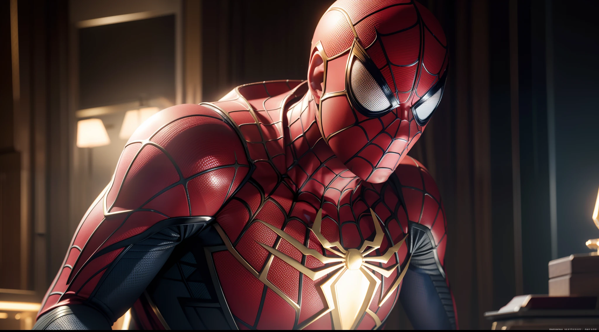 Spider-Man (Golden costume) от Marvel Comics, CGI with clear focus, Photorealistic, high detail, Realistic, Masterpiece, absurdress, Best Quality, HDR, hiquality, hight resolution, Extremely detailed, 8k wallpaper, intricate details, 8K UHD, Full-HD, (foto realista:1.2), Contrast, sharp lighting, Cinematic lighting, natural lighting, hard light, Backlighting, Global Illumination, Environment Occlusion