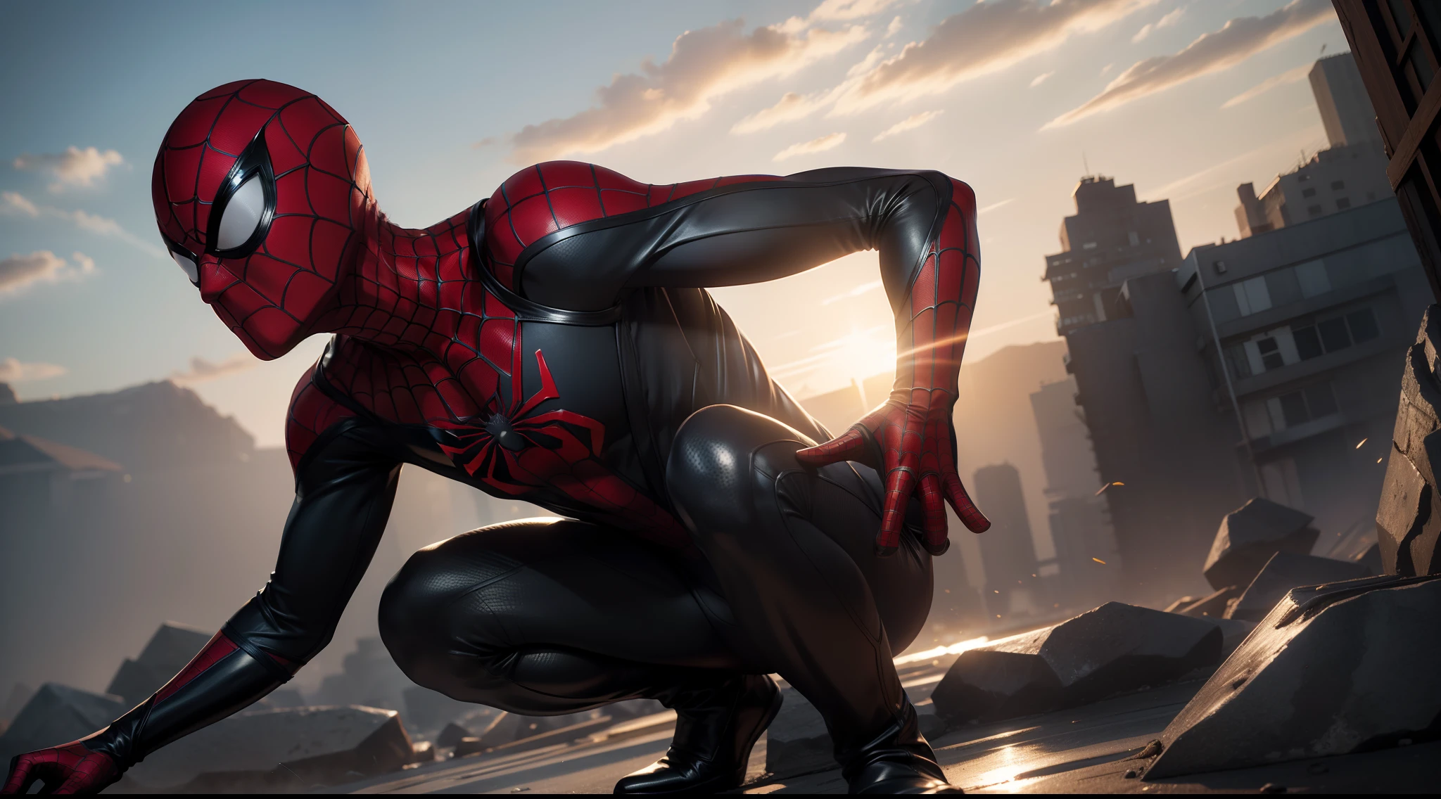 Spider-Man (black catsuit) от Marvel Comics, CGI with clear focus, Photorealistic, high detail, Realistic, Masterpiece, absurdress, Best Quality, HDR, hiquality, hight resolution, Extremely detailed, 8k wallpaper, intricate details, 8K UHD, Full-HD, (foto realista:1.2), Contrast, sharp lighting, Cinematic lighting, natural lighting, hard light, Backlighting, Global Illumination, Environment Occlusion