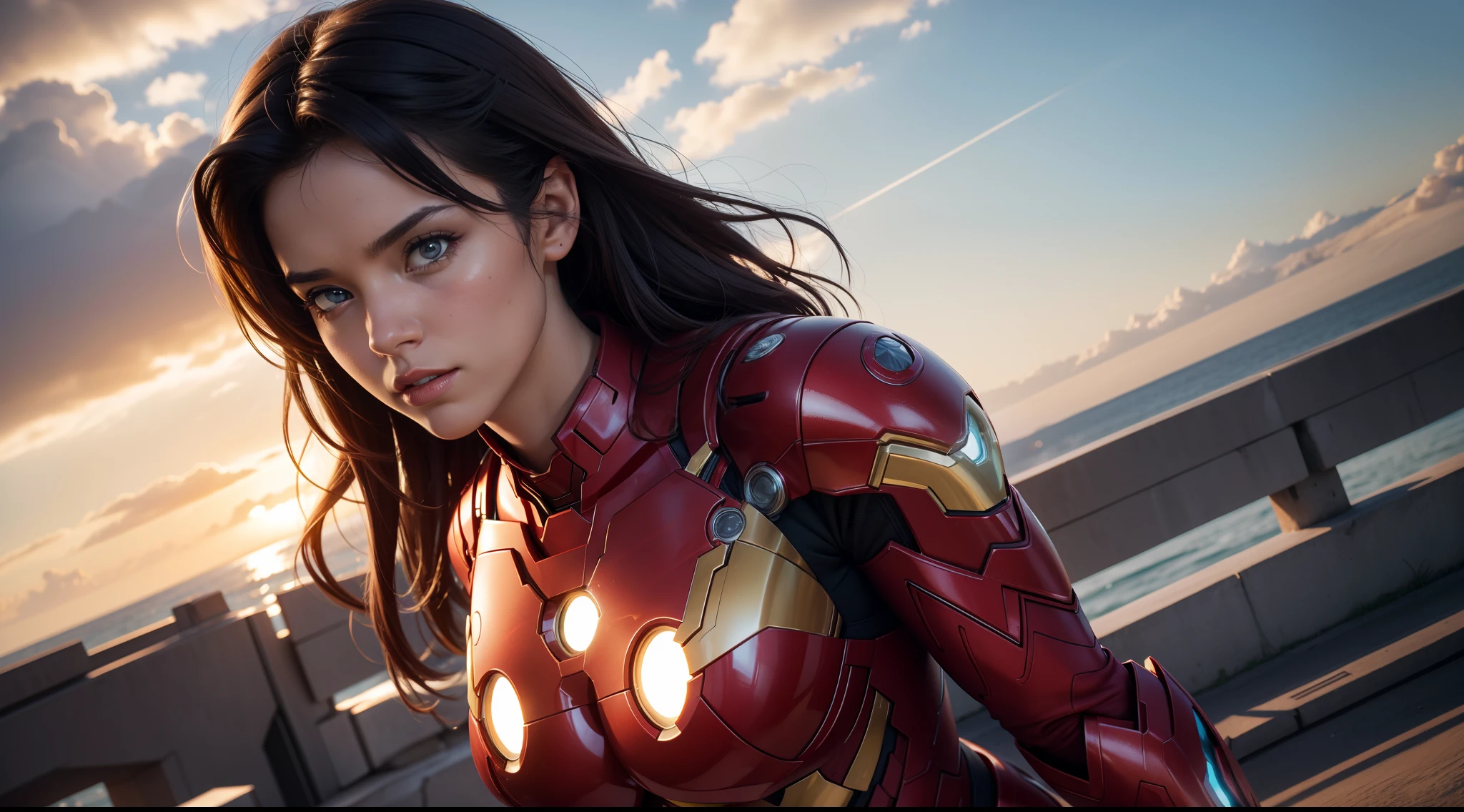 sexy woman (tetas grandes) in an Iron Man costume from Marvel Comics, CGI with clear focus, Photorealistic, high detail, Realistic, Masterpiece, absurdress, Best Quality, HDR, hiquality, hight resolution, Extremely detailed, 8k wallpaper, intricate details, 8K UHD, Full-HD, (foto realista:1.2), Contrast, sharp lighting, Cinematic lighting, natural lighting, hard light, Backlighting, Global Illumination, Environment Occlusion