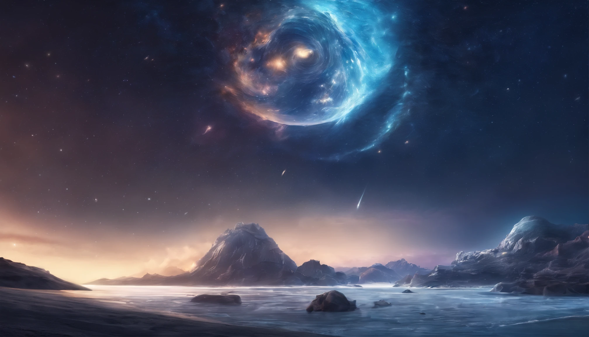 huge planet, the night, starrysky, surrealism, masutepiece, hight resolution、Impressive Milky Way:1.9、sand beach、Vast blue ocean、Blue Waves、Blue glacier、lightning bolt:1.9、Protoplanets、pure beauty