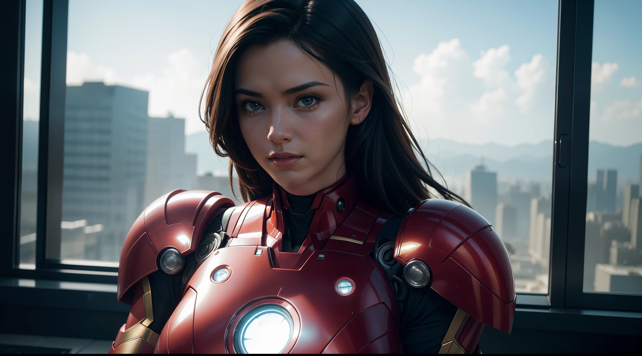 sexy woman (tetas grandes) in an Iron Man costume from Marvel Comics, CGI with clear focus, Photorealistic, high detail, Realistic, Masterpiece, absurdress, Best Quality, HDR, hiquality, hight resolution, Extremely detailed, 8k wallpaper, intricate details, 8K UHD, Full-HD, (foto realista:1.2), Contrast, sharp lighting, Cinematic lighting, natural lighting, hard light, Backlighting, Global Illumination, Environment Occlusion