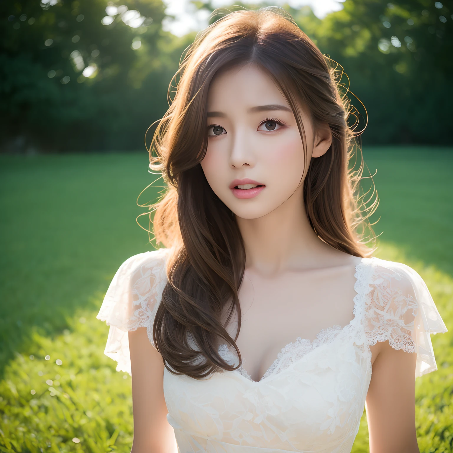 solo, finest image, sexy beautiful woman, amorous expression, lewd expression, light brown glossy iridescent hair, great proportion, pure white lace long dress, background meadow on the hill, professional lighting