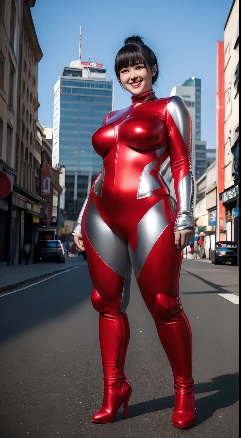 Ultraman、der riese、Height 50 meters、femele、Realistic、realisitic、Cinematic lighting, Glossy suit、Ultraman's Bodysuit、Glossy silver and red suit、professional photograpy、Does not expose the skin, Japanese Models, 、Ultraman、Tight thin cyber suit,whole body rubbery、fleshy body, large boob、big butts、Big belly、thick thight、thick arms、Round face、Fat face、chubby cheeks、Sauce order、big eye、Short-haired black hair、Walking Pose、Standing facing the front、、Smile big、A smile、Full body、high-heels、、 Background of buildings、The building is small、Big city background、low angles、