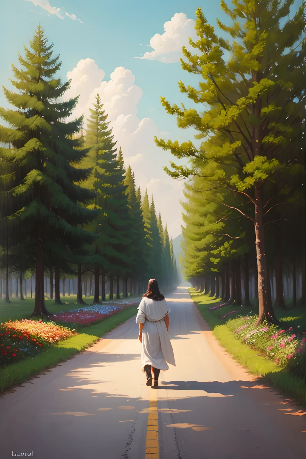 The Lord Jesus walked on the road，There are flowers and trees planted along the road，level，oil painting