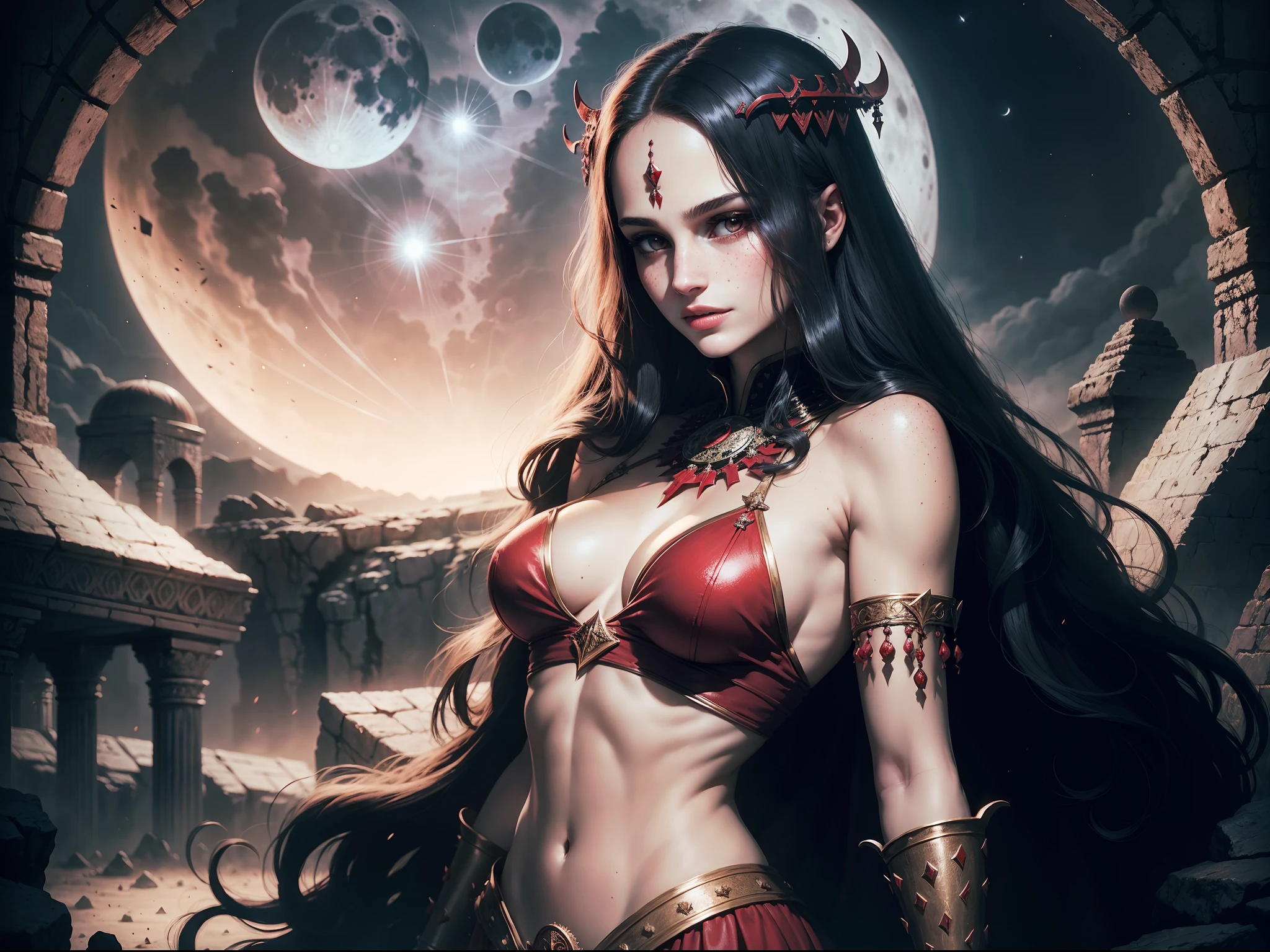 1970's dark fantasy heavy metal disc cover. teen natalie portman as a red priestess girl. gentle smile. (Moon night desolation). freckles. slender and beautiful. intricate detail.