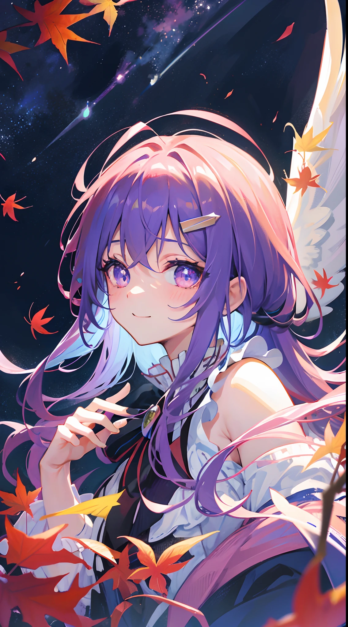 masutepiece, Best Quality,Illustration, Wallpaper, ultra -detail, Absurd beauty, 1beautiful girl、Light purple hair、Glitter and big eyes、Hair fluttering in the wind、♡、Smaller head、((Autumn landscape))、miscievous smile、Angle looking up from below、blue eyess、waved hair、Medium Hair、Angel wings、multi color hair