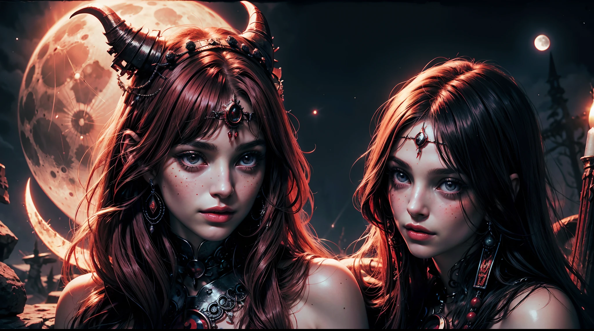 1970's dark fantasy heavy metal disc cover. teen natalie portman as a red priestess girl. gentle smile. (Moon night desolation). freckles. slender and beautiful. intricate detail.