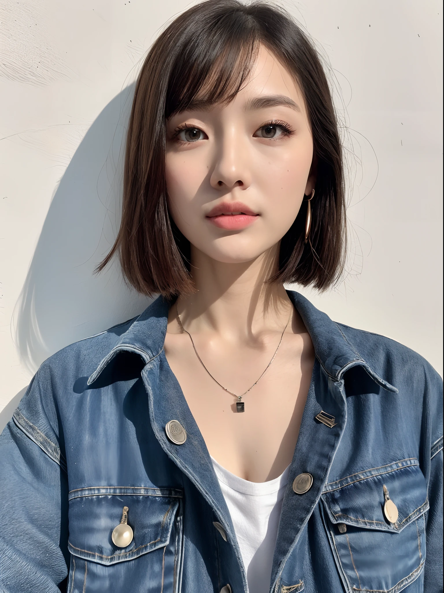 top-quality:1.3、​masterpiece、hight resolution、［1 girl in］、｛独奏｝、fully body photo、((Photorealsitic):1.1)、Real person、portlate、mascara, ,(Textured skin, Skin pores:1.1), (Imperfect skin:1.1) intricate detailes, (Unripe, 8K:1.2), Detailed skin、japanes、thin bunches of bangs、Bery short hair、denim jackets、White T-shirt underneath、denim pant、catchlight、piercings、a necklace、white walls
