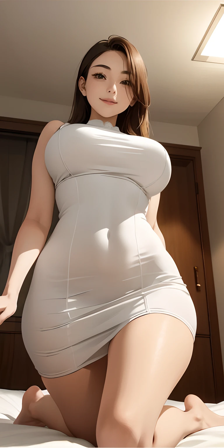 realisticlying、22-year-old girl、Face Real、skin gloss、Close-up of kneeling on bed looking up from below、Wearing a light and tight-fitting beige long dress、bold emphasis on the thighs、Breasts enlarged、sexly、Face smile、