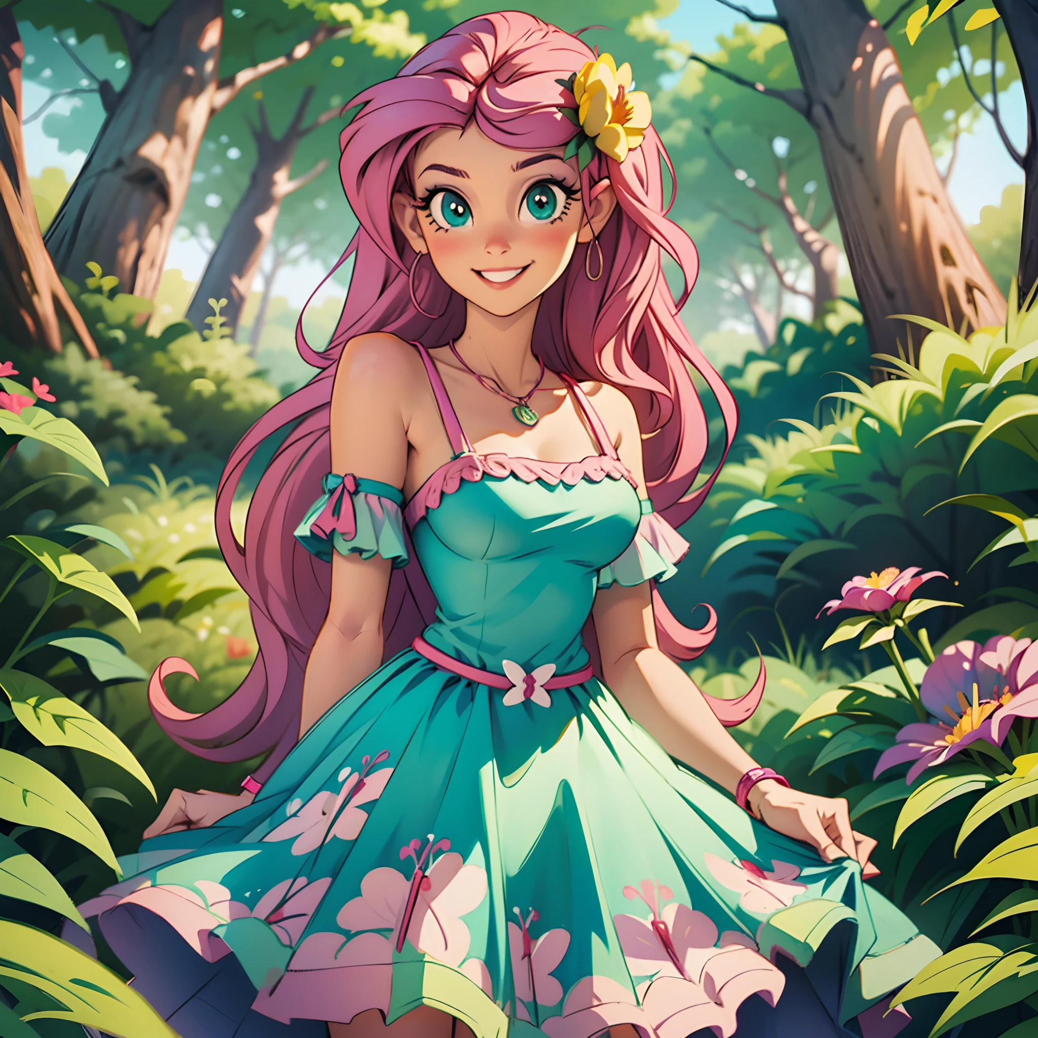 fluttershy from equestria girls wearing a sexy dress posing with an adorable and tender smile, green eyes, in a forest, lots of colorful flowers,