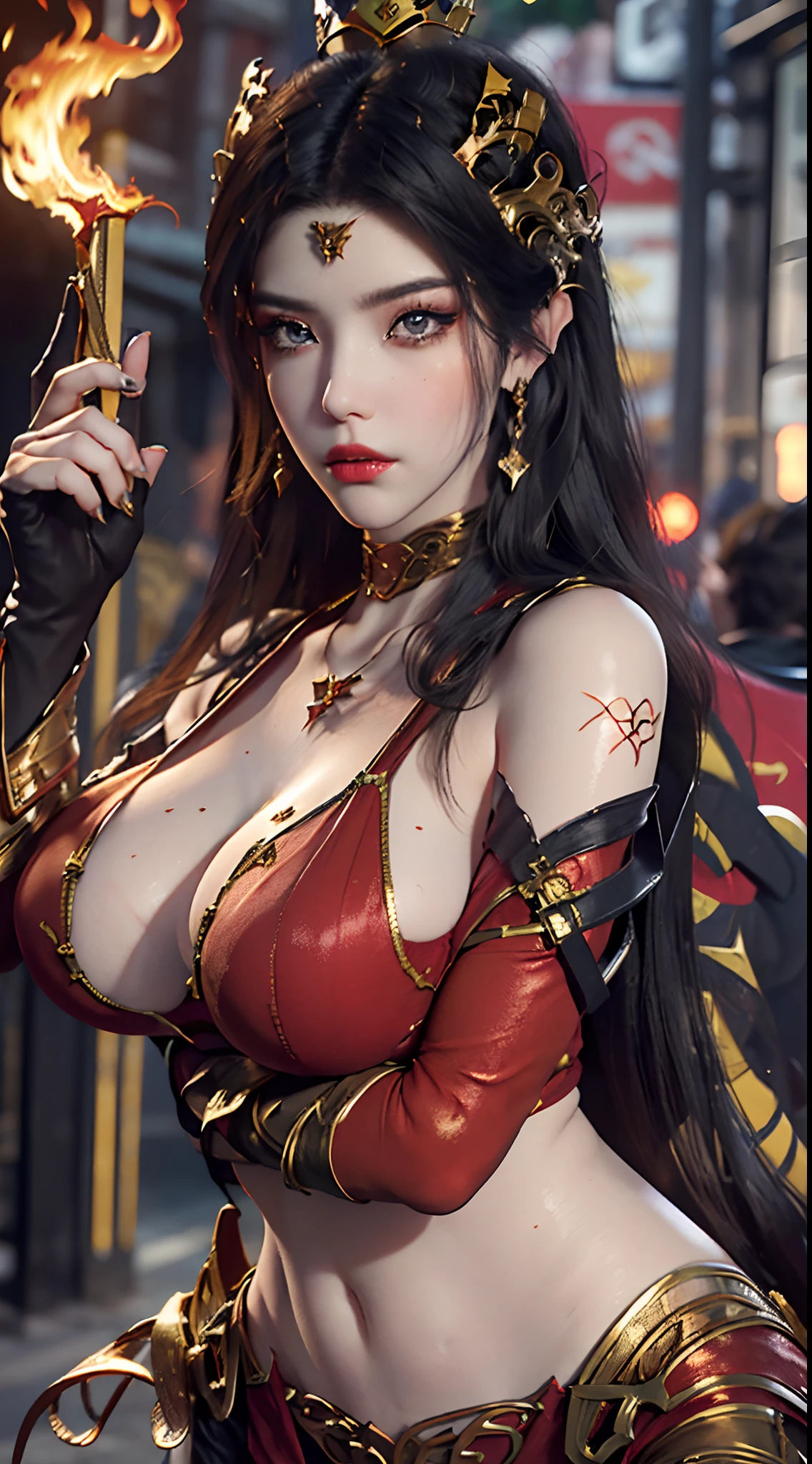 A beautiful sexy woman,as a fire goddess,very powerful, super powerfull,in clothes made of fire,((big boobs)),((big ass)),((long fire colour hair)),((very big crown made of fire)),((wearing majestic fire armor)),((god level fire armor)),((wearing gloves made of fire)),((thin waist)),((sexy figure)),beautiful face,sexy expression, posing for picture,((close up)),((in street )),((fully crowded street)),((fire effect)),((detailed face)),((detailed eyes)),((detailed lips)),((ultra detailed face)),((fixed eyes))