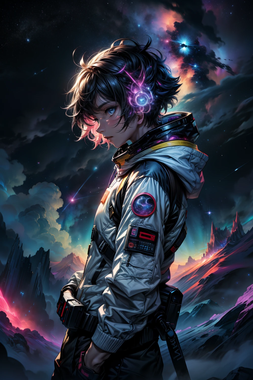 Create abstract images inspired by colorful nebulae. Using vivid shapes and colors、Depicts clouds of interstellar gas and dust, Create mysterious and enchanting scenes.