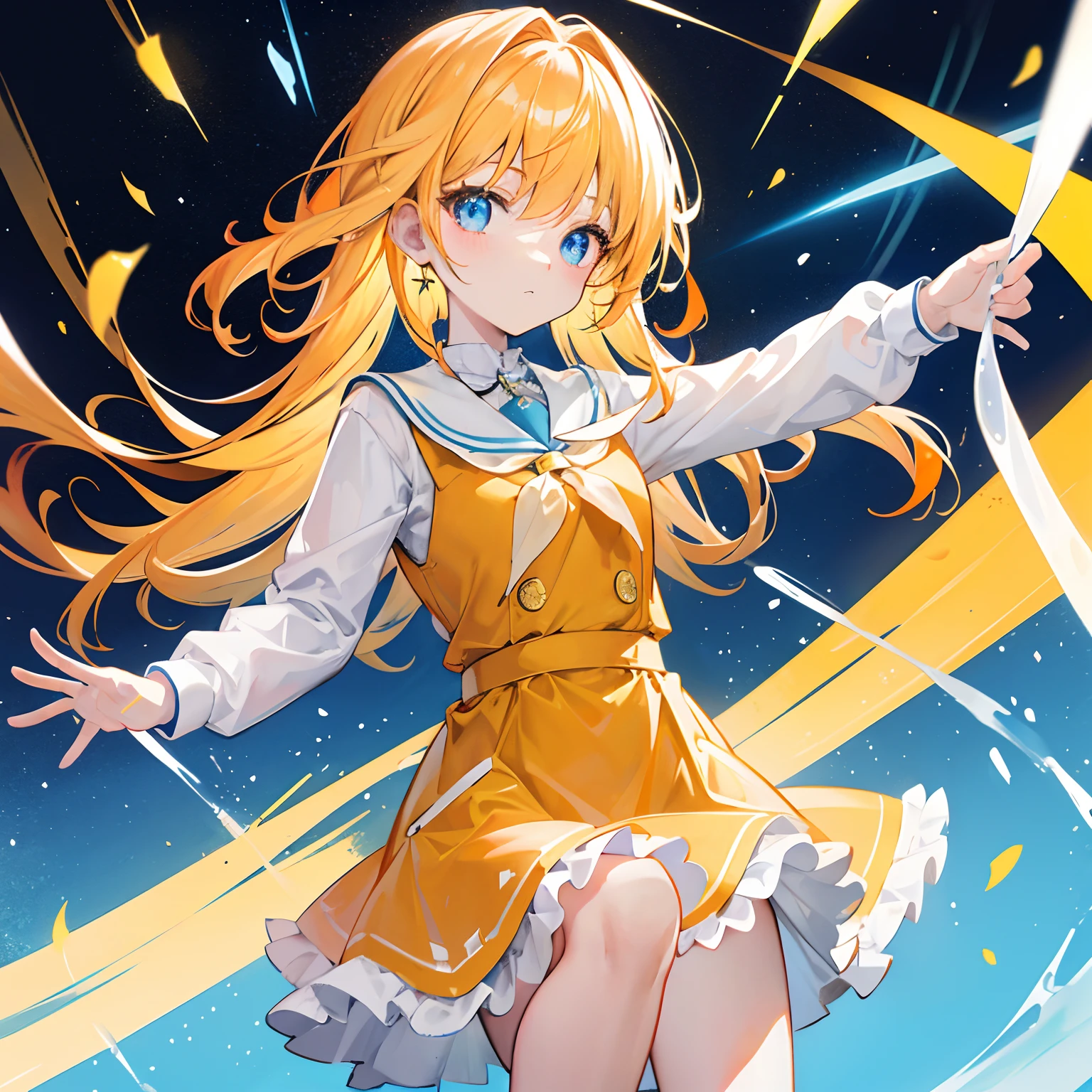 Light orange-yellow,hair glowing,The pupils glow,Blue and white school uniforms,With silver crystal pendant,Sweet loli girl,Overall shine