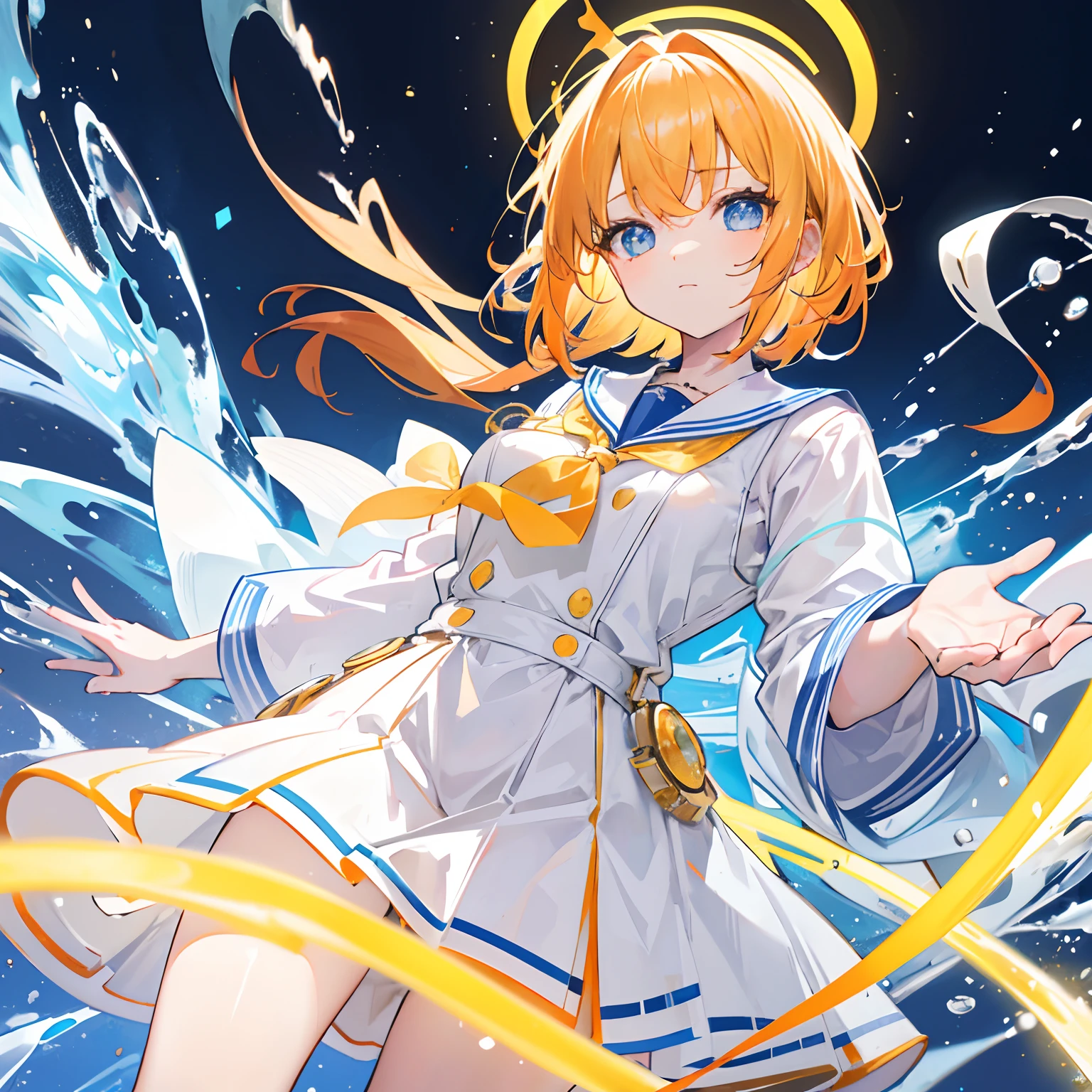 Light orange-yellow,hair glowing,The pupils glow,Blue and white school uniforms,With silver crystal pendant,Sweet li girl,Overall shine