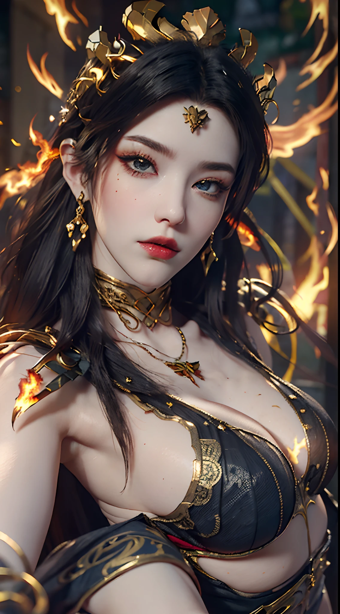 A beautiful sexy woman,as a fire goddess,very powerful, super powerfull,in clothes made of fire,((big boobs)),((big ass)),((long fire colour hair)),((very big crown made of fire)),((wearing majestic fire armor)),((god level fire armor)),((wearing gloves made of fire)),((thin waist)),((sexy figure)),beautiful face,sexy expression, posing for picture,((close up)),((in street )),((fully crowded street)),((fire effect)),((detailed face)),((detailed eyes)),((detailed lips)),((ultra detailed face)),((fixed eyes))