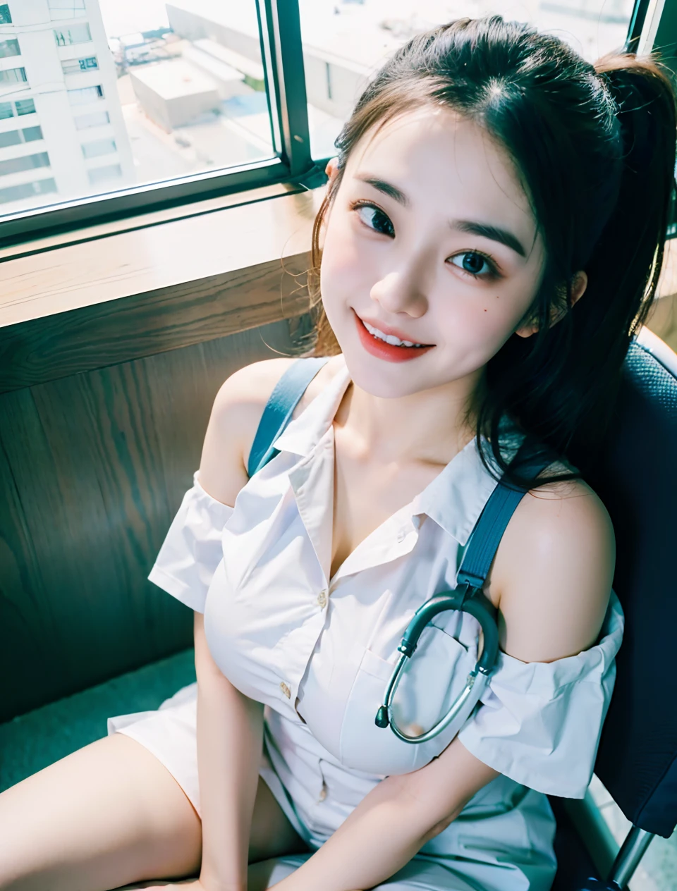 Dr. Alafe sitting on a chair、As if Lisa Simpson came back to life, leaked image, leaked photo, at instagram, dilraba dilmurat, ruan cute vtuber, cartoonish cute, Hannah Alisa Omale, Instagram, Larisa Manobal, eva elfie, katelynn mini cute style、huge-breasted、sensual breasts、Sensual body、Glaring eyes、short-cut、Ground angle、fully body photo、Beautiful feet、Smiling、Wearing doctor's white clothes、