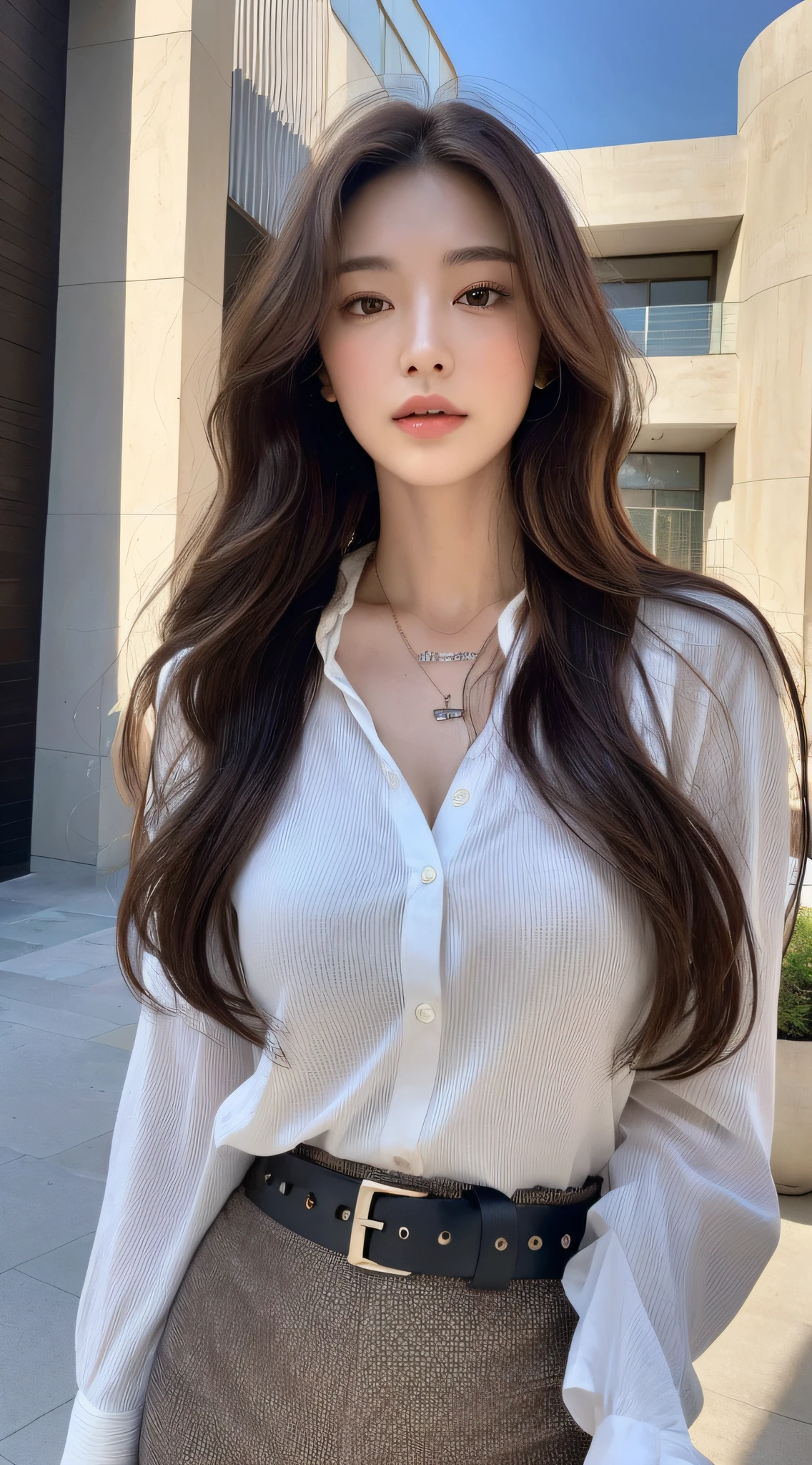 (Best quality, High resolution, Masterpiece :1.3), A tall and pretty woman, Slender abs, Dark brown hair styled in loose waves, Breasts, Wearing pendant, White button up shirt, Belt, Black skirt, (Modern architecture in background), Details exquisitely rendered in the face and skin texture, Detailed eyes, Double eyelid
