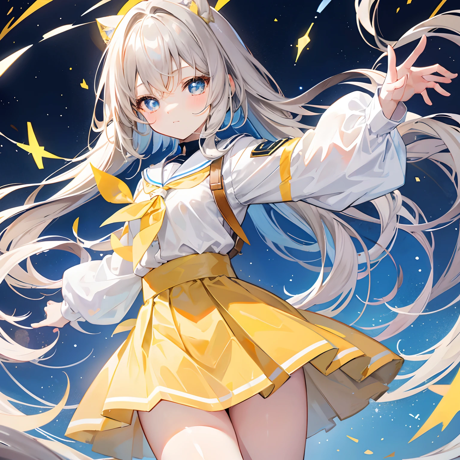 Glowing light brownish yellow with hair and pupils，Blue and white school uniforms，With a silver crystal pendant，Sweet loli girl，The whole is shining