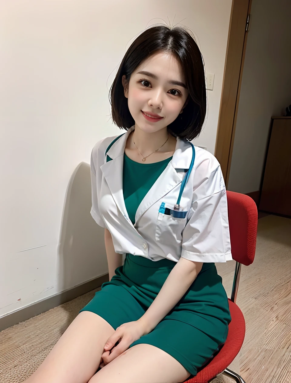 Dr. Alafe sitting on a chair、As if Lisa Simpson came back to life, leaked image, leaked photo, at instagram, dilraba dilmurat, ruan cute vtuber, cartoonish cute, Hannah Alisa Omale, Instagram, Larisa Manobal, eva elfie, katelynn mini cute style、huge-breasted、sensual breasts、Sensual body、Glaring eyes、short-cut、Ground angle、fully body photo、Beautiful feet、Smiling、Wearing white doctor's clothes、